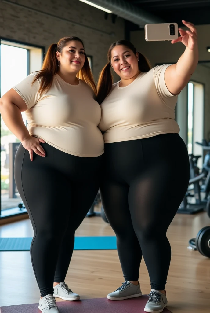 Obese Spanish woman exercising at home, wearing black pants, long t-shirt, eating apple, brown hair, bun, long hair, messy hair, reflected light, cast shadow, brown hair, hair bun, hair bun, long hair, messy hair, jpeg artifacts, jpeg artifacts, reflection light, drop shadow