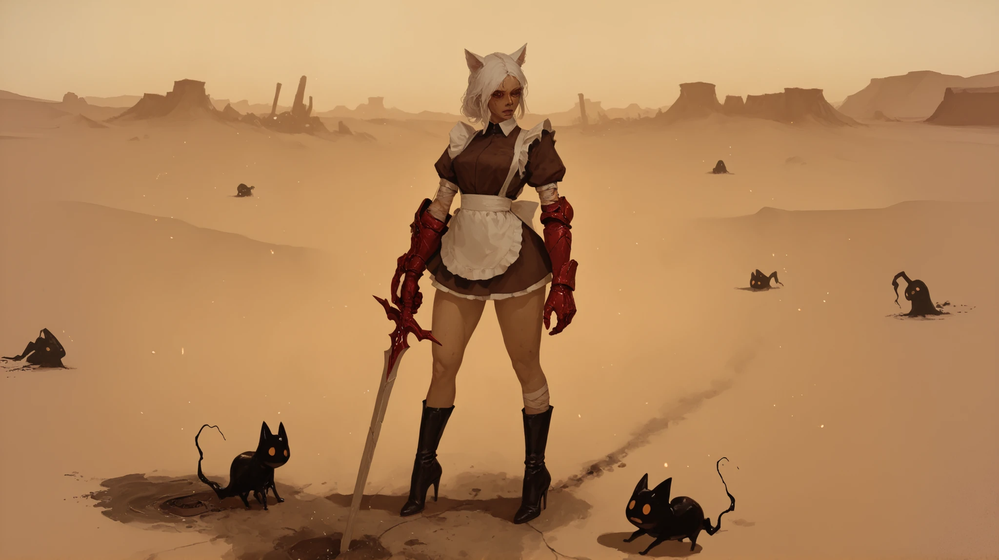 A beautiful girl with cat ears, short white hair, with a long side fringe, ojos rojos, sharp eye, beautiful skin, extremely nice body, pretty face,  A maid's uniform, short skirts, (maid) , (A big red gauntlet on her right arm), (left arm without a gauntlet hands bandaged) (a long sword in his hand), (black boots with heels),  beautiful thighs, (She is standing) de fondo desert con ruinas, stagnant water, Moldy walls, brown colors, dust,  Particles , strokes of volumetric light, (Post Apocalyptic Environment), (Derrumbe), ((black creature on the floor)), (desert), (Garbage on the floor)