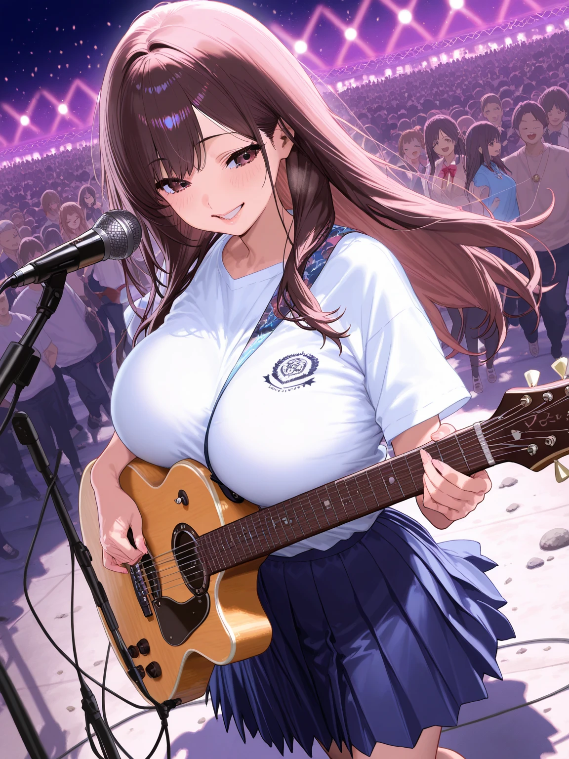 A top-notch beautiful girl busty guitarist playing with a high-class guitar