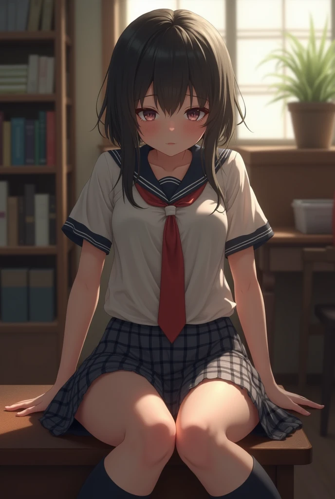 One girl, highest quality, Super detailed, masterpiece, Ultra-high resolution, 8k, Ridiculous, Cowboy Shooting, Focus on the girl, Embarrassing, blush, Lovely, Close one eye, With tears in her eyes and her mouth open, What saliva leaves behind, (arms behind head), (wariza), Sticky panties, White lace panties, Classroom Background, (Videl:1.1), The skirt is accidentally exposed,medium breasts, Accidentally exposed panties, Absolute area, Black knee socks