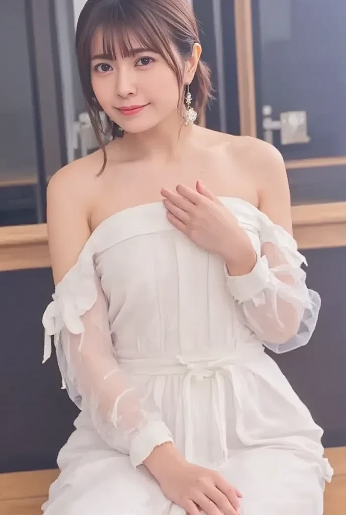 ((Masterpiece, Top image quality, high resolution、alone、skin shiny))(on the table, best quality, actual, super detailed, meticulous, high resolution, 8k wallpaper),huge breasts, Close-up portrait of a beautiful woman, like, smiling, light brown messy hair, Perfect dynamic composition, 美丽meticulous的眼睛, Just like the cover of a fashion magazine, on campus,Gorgeous costumes,hot stamping clothing,One of them is wearing a pink tulle dress,long black hair、8-year-old girl wearing pink bow hairpin sitting on the ground holding balloons,The white buds do not exceed the knees,girl'bedroom,pink girl'Room decoration。