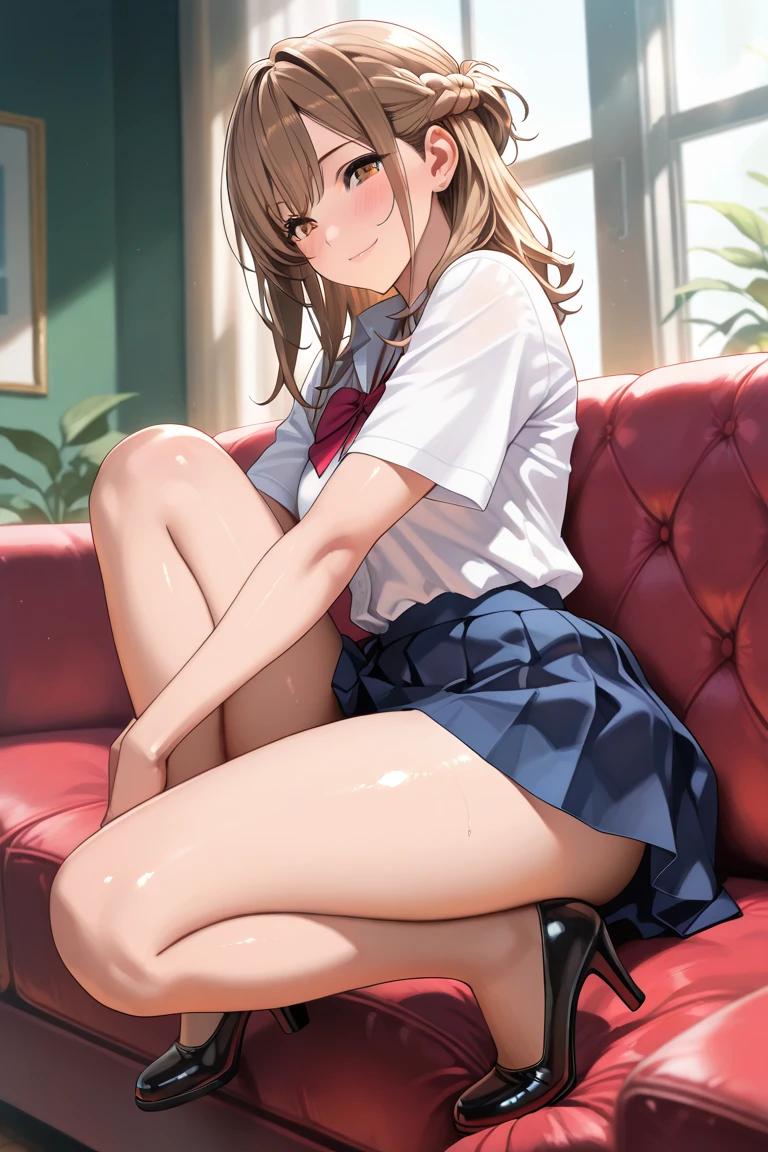 (from below:1.3),(Hands on panties:1.2)、Mature Woman、skinny、Small breasts、Thin legs、Blonde、Sexy Hair, (Sexy blouse:-0.5)、(Unbutton:1.2)、Pencil Skirt,(Sit with your knees upright:1.2), Masturbating indoors, Asahi, White light, (Tabletop:1.2), Highest quality, High resolution, unity 8k wallpaper, (Beautiful attention to detail:1.6), Highly detailed face, Perfect lighting, Highly detailed CG, (Perfect hands, Perfect Anatomy),Spread your legs wide、White sheer panties、Close ~ eyes、Open your mouth、Sexy Panties、(パンティの下部からLove juice:1.3)、Love juice、Water droplets in the crotch、