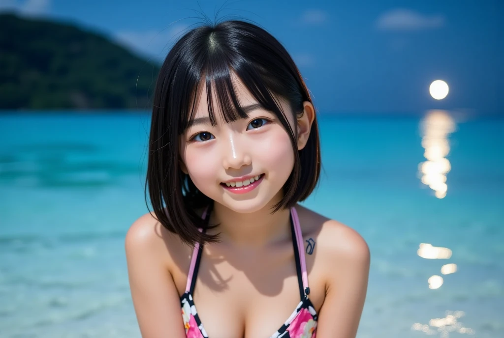 (Best-quality, Masterpiece, Ultra-High-Resolution, (Photorealistic:1.4), Raw Photo, depth of field, professional lighting, perfect anatomy, extremely details), 1girl, 15-years-old, the most famous Japanese idol, (wearing colorful-bikini with cute-design), ((in summer beach, detailed summer-beach)), dynamic pose, (extremely cute face like the most popular Japanese idol, (extremely cute big-black-eyes), extremely beautiful black-hair), (((extremely beautiful and extremely realistic skins))), extremely beautiful long-eyelashes, extremely beautiful lips, extremely beautiful body, looking at viewer, ((innocent smile))