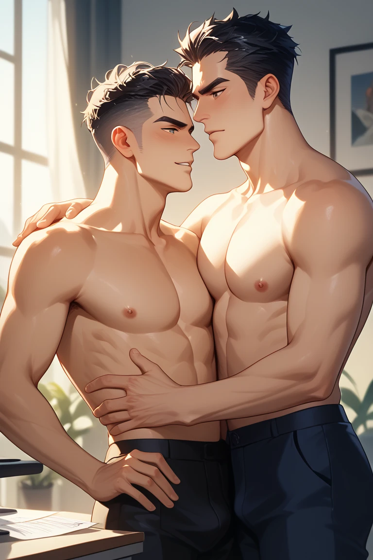 best quality, masterpiece, yaoi, 2 men, handsome man, muscular bodybuilder, mature facial features, ecstatic expression, exaggerated tiny waist, construction safety gear, hardhat, toolbelt, round bubble butt, another man licks his abs, saliva, drools, grips ass very firmly, looking directly at each other, perfect fingers, sexy, gay, homoerotic, perfection, no watermark, no logo, no signature