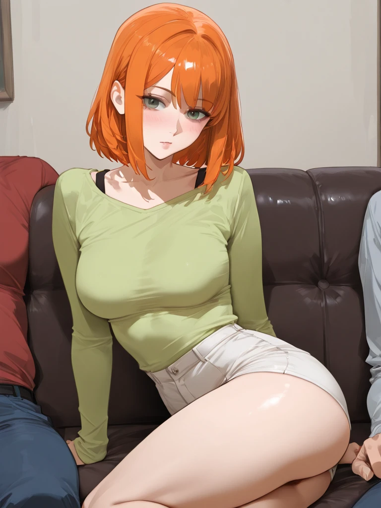 <lora:yorumac-lyco-nochekaiser:1>, yoru mac, (orange hair), short hair, bangs, black eyes:1.5, blunt bangs, bob cut, shirt, wide hips, long sleeves, sweater, naked, nude, McDonalds, restaurant, masterpiece:1.2), best quality, high resolution, unity 8k wallpaper, (illustration:0.8), (beautiful detailed eyes:1.6), extremely detailed face, perfect lighting, extremely detailed CG, (perfect hands, perfect anatomy), futanari, (massive huge penis:1), (medium_nipples), penis between legs, slim waist,