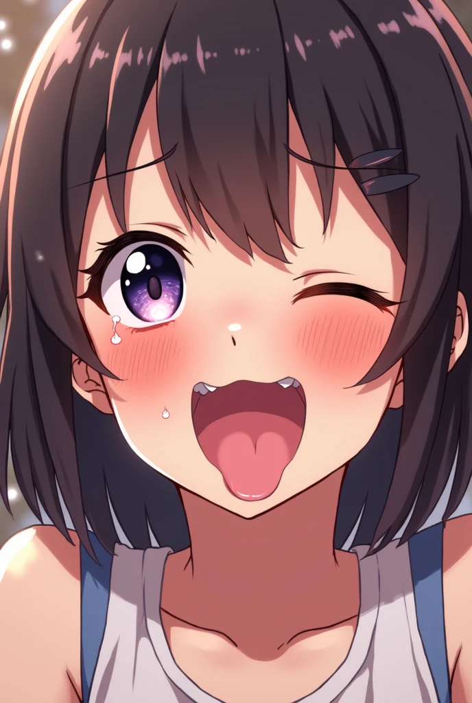 [1girl, sakura bakushin o \(umamusume\), umamusume], beautiful detailed eyes, purple eyes, (tareme), (half-closed eyes), (opened big mouth, licking, Sticky tongue), nsfw, (close-up mouth), (curvy, Slender),(cleavage), from above, Highest quality, Super detailed, masterpiece, Ultra-high resolution, 8k, Embarrassing, blush, Lovely, (With tears in her eyes and her mouth open), Sticky saliva