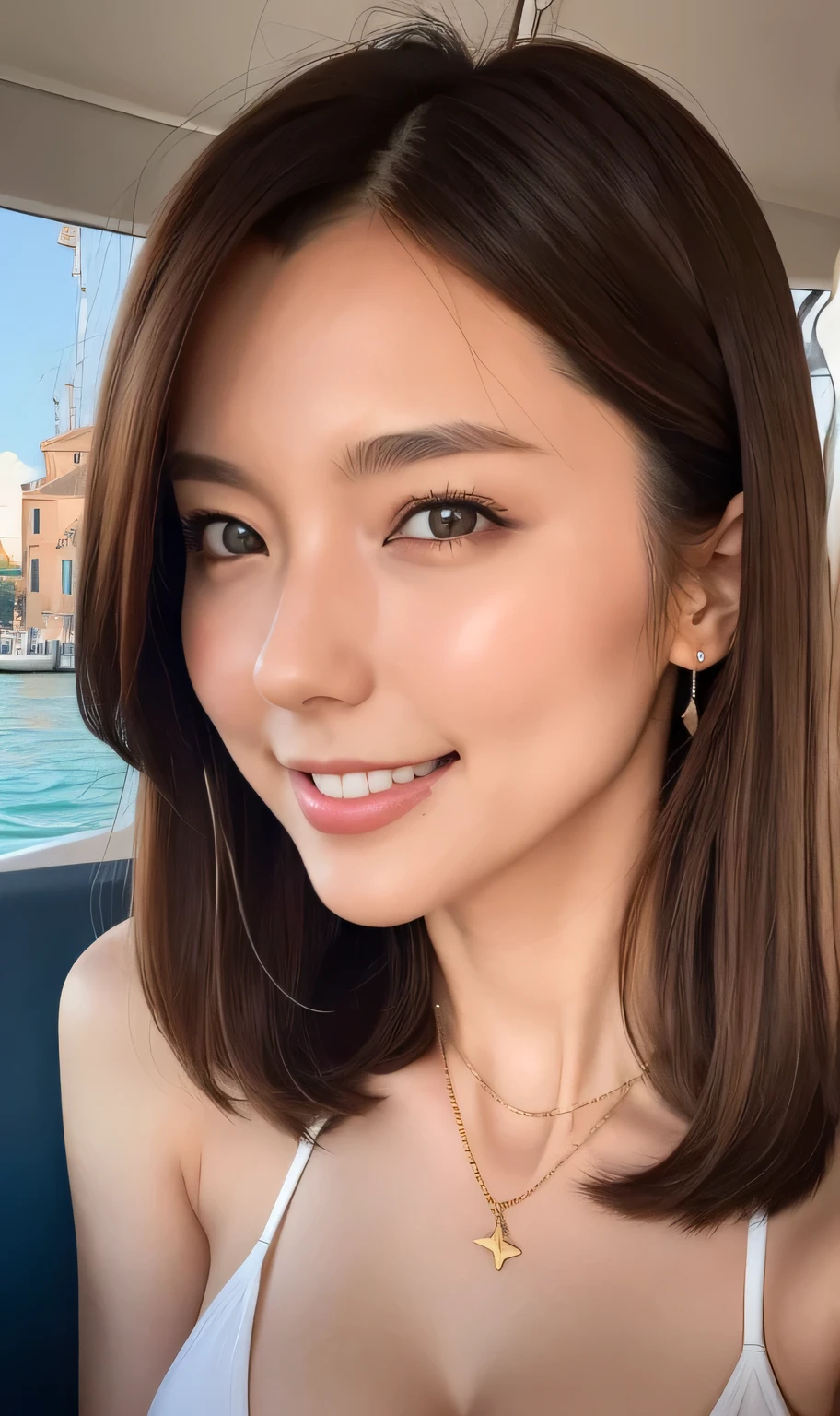 a bikini girl in riding a boat in venice italy, beautiful face, beautiful eyes, beautiful lips, colossal , necklace, cleavage, golden long hair, smooth focus, insane details, high quality, masterpiece, 8k wallpaper, ultra high definition, cinematic, professional lighting, raw photo, smiling
