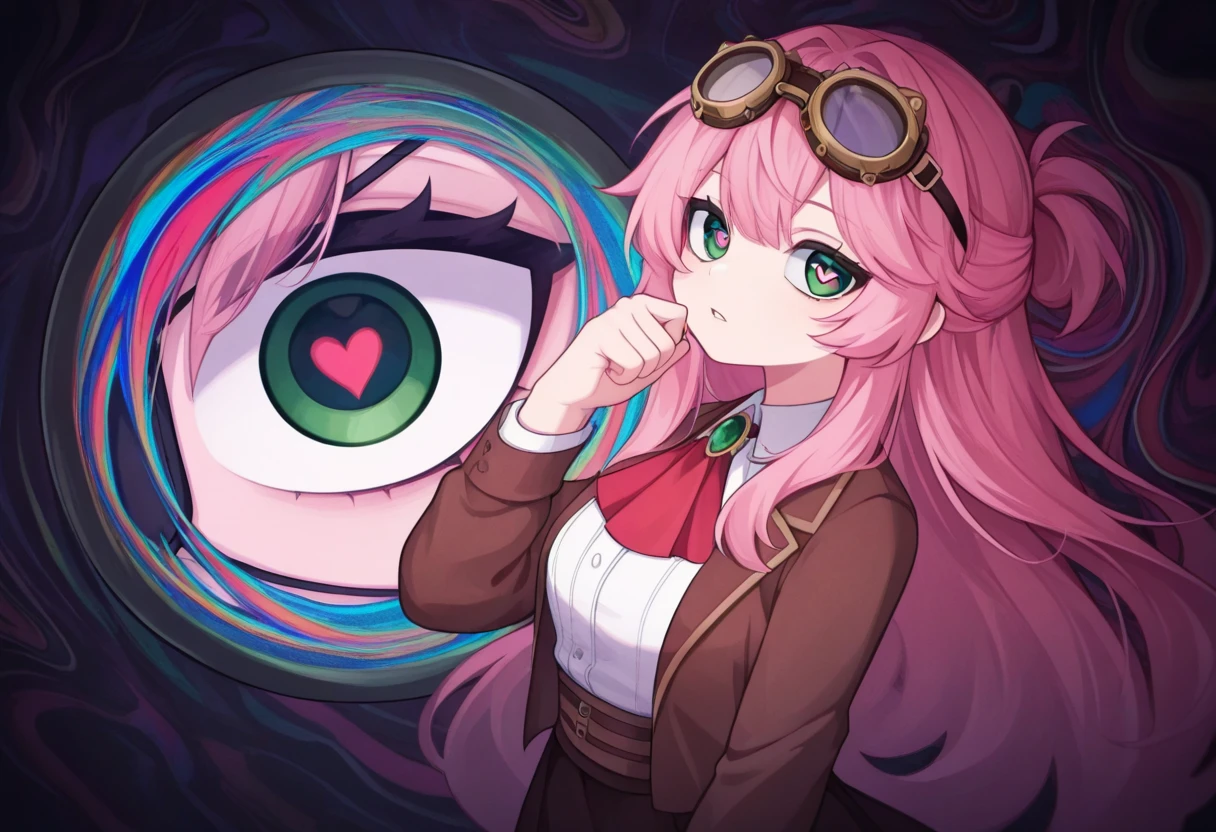 very awa, newest, 1girl, aivylove, pink hair, green eyes, goggles on head, half updo, white shirt, brown jacket, red ascot, dark skirt, monitoring, eyepatch, (psychedelic):1.2, upper body, hand up, knocking, parted lips, looking up, eyeball, from side, looking at viewer, heart-shaped pupils, (right eye focus):1.2