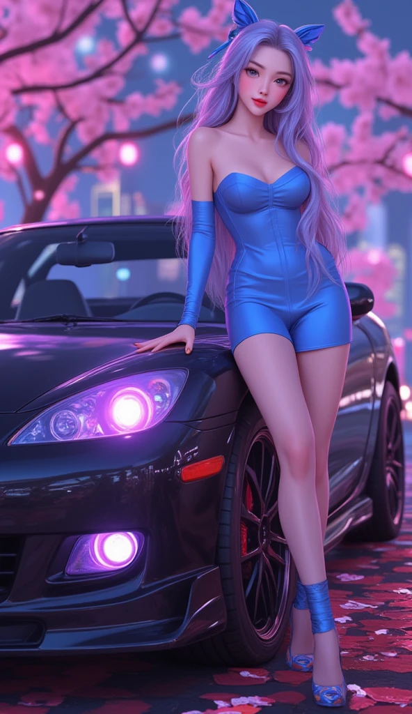 Selena Gomez,beautiful, wearing a sexy blue halter design, short skirt, , posing sexy next to a supercar, purple pink hair, Standing next to the supercar, big breasts, sunset, it's about dark, lights