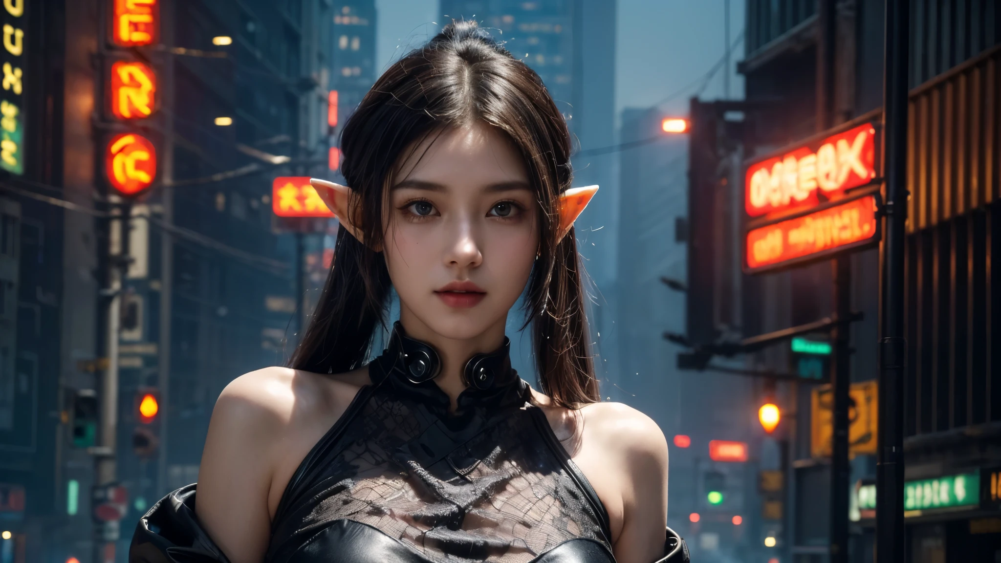masterpiece,best quality,high resolution, 8,000,(Portrait Photos:1.5),(R Original photo),Real Photos,Digital photography,(Cyberpunk style city streets,Bustling city streets,Neon sign,After the Rain,Mist,steam),(Female elves), 20 year old girl, random hairstyle,Through Bangs,( big breasts,Keep your mouth shut,Keep silent,Elegant and charming ,Smile,(cyberpunk style dress,openwork design dress,Photo poses, Realisticstyle, oc rendering reflective texture, Upper Body Lens ,looking into the camera