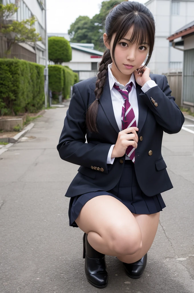In 8K,Highest quality,The real picture,Intricate details,Ultra-high resolution,Depth Field,Masseter muscle area,Natural soft light,Professional Lighting,One Girl,(cute:1.2),Very beautiful 17 year old girl,Detailed eyes,((Brown eyes)),(Brown Hair),(Short-haired),(Bans),Perfect Skin,Glowing Skin,White skin,Fine skin,Big ample breasts,((Perfect Anatomy,Nice hands,Perfect hands,Five fingers connected to the palm,Accurate needles without discomfort)),Perfect bare legs,Delicate legs,Perfect Proportions,Sexy,I can see your chest,((Japan Uniform)),((Uniform Mini Skirt)),(tie),Black socks,Chano Leather Shoes,Lurking deep in the city,I can see your crotch,Show me your panties in the street,Both legs are bent,Legs are spread in an M shape,,I can see your pants,Slender thighs when viewed from the front