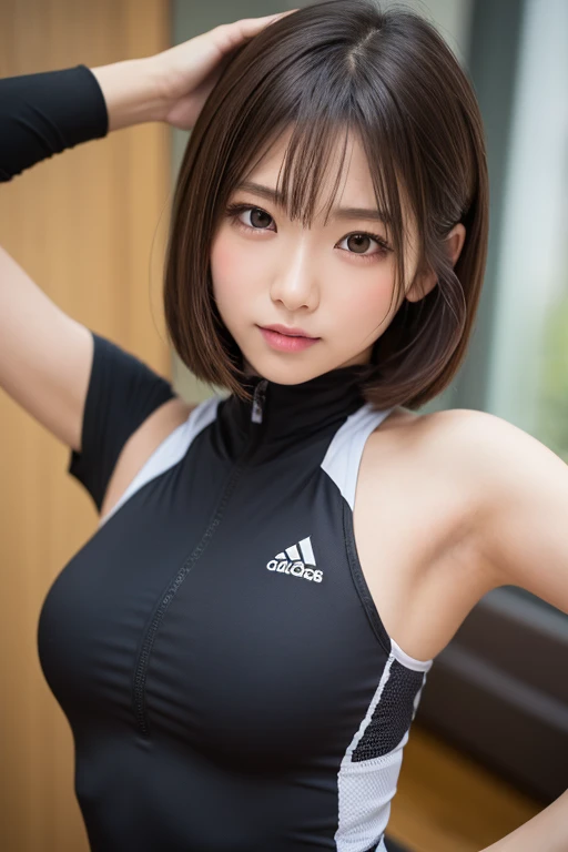 (NSFW), 1womanl, Solo, 24 year old, 7headed body, (cute  face), (Ideal ratio body proportions), long , Volleyball Court, Volleyball uniform, Navel Ejection, Wearing sweat, The costume is sheer, Wet, Smiling smile, short-hair, Dark hair, small tits, A slender, Small buttocks, beauty legs, Skinny Legs, surrealism, Cinematic lighting, depth of fields, One-person viewpoint, F/1.8, 135 mm, nffsw, masutepiece, ccurate, ((Anatomically correct)), Textured skin, Super Detail, high details, High quality, awardwinning, Best Quality, hight resolution, 8K