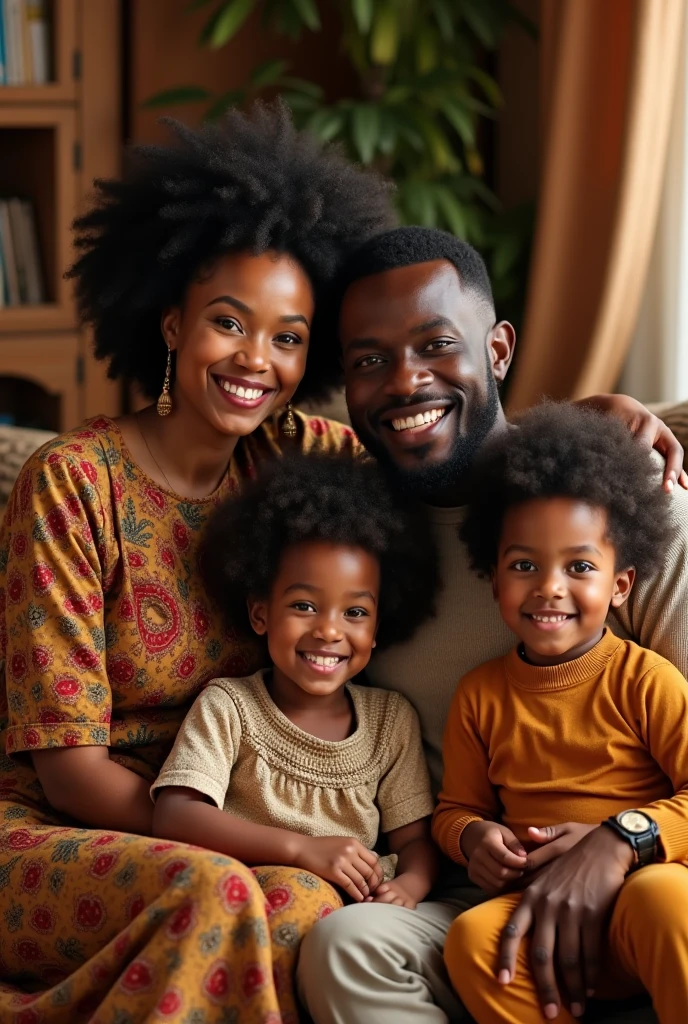Painting of a Photograph of a black family of two middle ages adults male 55 and female 48 with two young adults male 23 and female 25, rich, affluent, inflential, respectable, poised, excellent carriage happy, smiling, warmth, perfect faces, very fit, brown eyes, opulent sorroundings 4k, hyper-resolution,