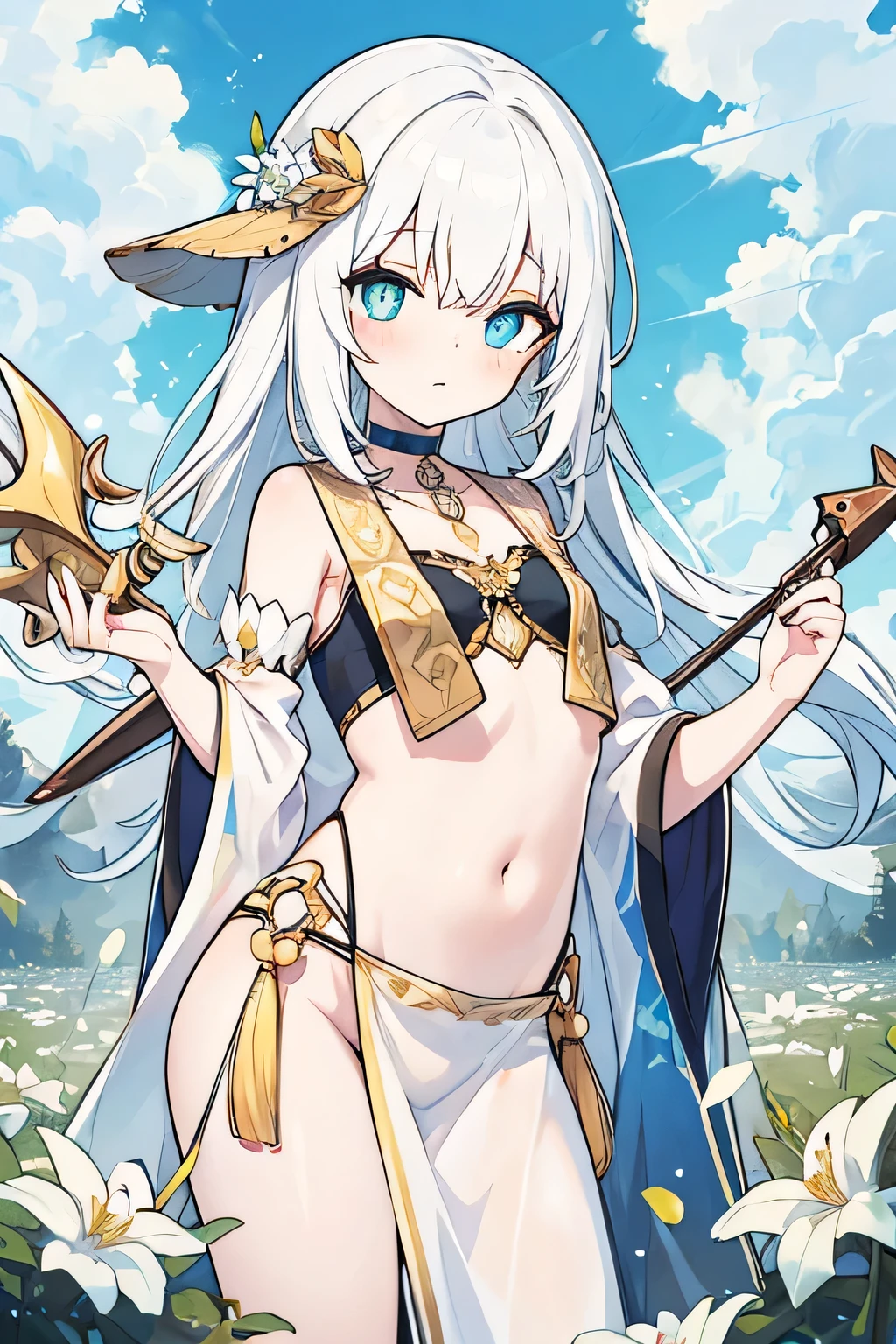 Bondama silver hair noble long hair Raking up hair Vtuber wearing a hood Abs Six Pack brown skin blue eyes eyes like diamonds fluffy White Bikini Armor smile