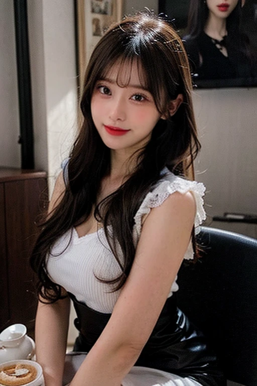 Tabletop, Highest quality, shape, Very detailed, finely, High resolution, 8k wallpaper, 完璧なダイナミックな構shape, Beautiful and detailed, Elegant and luxurious winter dresses,Straight hair,,Natural color lip,smile,20-year-old girl、cute、Looking at the camera is sexy,Always blur the background,Perfect and beautiful face,Take a picture of only the face,Beautiful and elaborate face、Slim face and figure、Big eyes、Elegant face、Beautiful and elaborate face、KPOP idol faces、The face of the Japan idol、Big eyes、 A venue on the top floor of a high-rise hotel、Blur the background、Take a full body photo