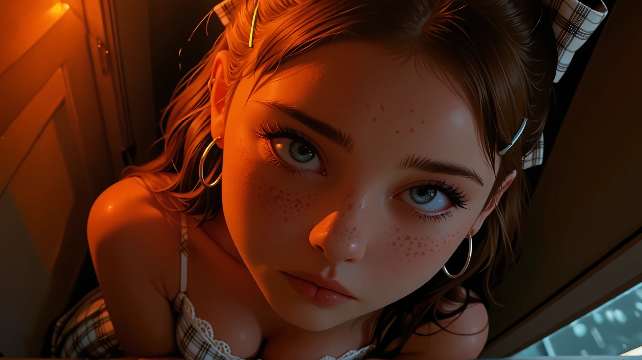 in a closet, sad look, close up, cleavage, skinny, view from above, 1girl, Solo, High Resolution, looking at viewer, Bangs, plaid Hair Bow, Masterpiece, High Resolution, Anatomically Correct, Detail, High Details, High Quality, Hoop Earrings, cute freckles, plaid Hair Ribbon, Jewelry, Hair Clip, Backlighting, Bloom, Cinematic Lighting, God Rays, score_9, score_8_up, score_7_up, cinematographic film image, medium breasts, white lacy dress, arms hugging self, long flowing dark brown hair, dark eyeliner, shiny lips, full lips, blue eyes