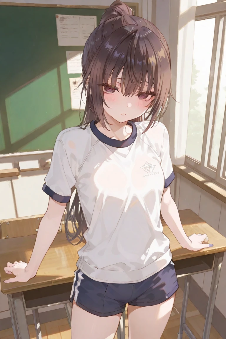 (masterpiece), (Highest quality), (Very detailed), ((Very delicate and beautiful)), One Girl, solo, July, Maroon mouth, Sitting, question mark, indoor, Detailed Iris, young, Long white socks,
,(((Black Bloomers, School, Gym Shirt, White T-shirt, Gym suit, Photo of girl in wooden floor School gym room))),Bloomers are bikini type ,Dynamic Angle ,Sweat,Lie in