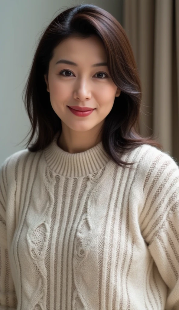 mature woman face、60 years old、middle-aged women、turtleneck wool sweater、skirt、High quality、Super realistic、healthy、smiling expression、perfect slender figure、Japanese beauty、 perfect eyes、Shining beautiful skin、garden