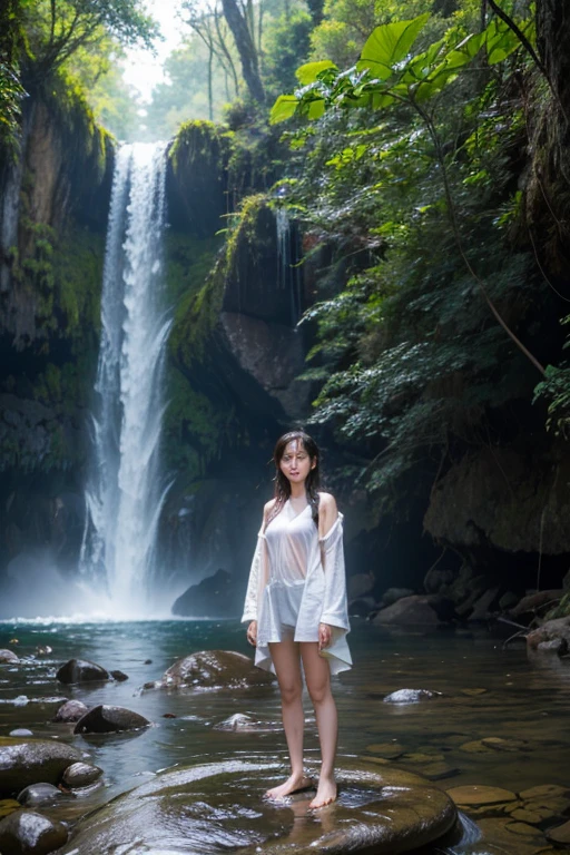 Beautiful girl, 20 year, posing for a photo in a lake formed by a waterfall. She's coming out of the lake water, smiling for the photo. She is dressed in a short dress that is completely wet., letting your beautiful body show.