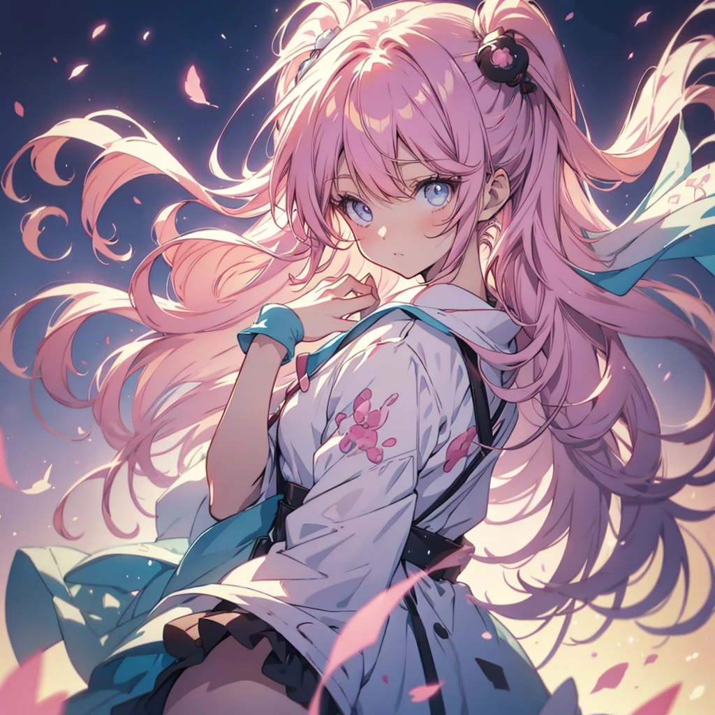 (masutepiece, Best Quality, Ultra High Resolution),1girl in, beautiful and detailed face, Detailed eyes,Pink school uniform,dog ears,Pink hair,((Gray and Blue theme)),Night,((I can see panties))