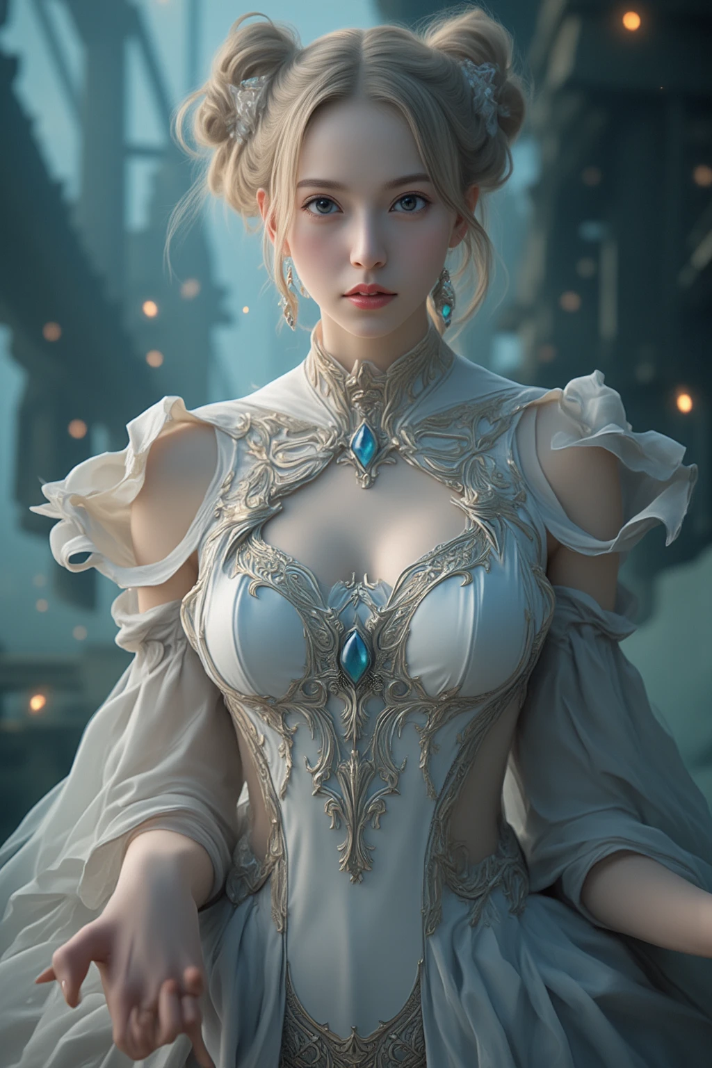 masterpiece,Highest image quality,Super details,best quality ,extremely delicate and beautiful, Very detailed,best quality, official art, Extremely detailed CG unified 8k wallpaper, Ana de Armas portrait photo, Blonde hair with black pupils,shiny skin, (beautiful eyes:1.1), beautiful skin, big watery eyes,(detailed lighting:1.2), (Beautiful and detailed light:1.3),The noble goddess wearing a dark blue ice crystal hollow and transparent holy garment,Intricate details of the deep blue ice crystal sacred robe,Gorgeous and complex hollow ultra-thin dark blue ice crystal long skirt,Beautiful udder, The most perfect breast shape,firm breast,Deep cleavage,Naked of breast,complex, digital drawing, Smooth, sharp focus, end of the world, epic reality, (high dynamic range:1.4), (pastel colors:1.4), Revelation,Bright colors, screen space refraction, (intricate details, Super detailed:1.3), art station, lens, complex background, buliding,beautiful smile,The most beautiful look,Dreamcatcher earrings,The best look,The noble, beautiful and dignified dark blue ice crystal goddess,Garland of flowers,