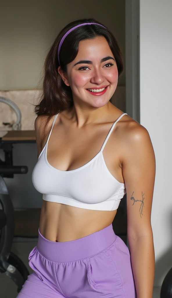 There is a woman in a pink top and green shorts, with a purple towel on her left shoulder, holding her hands above her head, wearing gym equipment, fitness body, physique: smallest belly ever, sweaty abs, fit curvy physique , medium length cut, modeled photo, black background. Sharp photo, high quality, high resolution, Ultra HD, high contrast, 16K. Masterpiece, high resolution. Sharp photo, high quality, high resolution (ultra quality masterpiece), Ultra HD, high contrast, 16K. Masterpiece: 1.3, high resolution, (photographically realistic), 8k, NUDE, NUDITY, NFSW