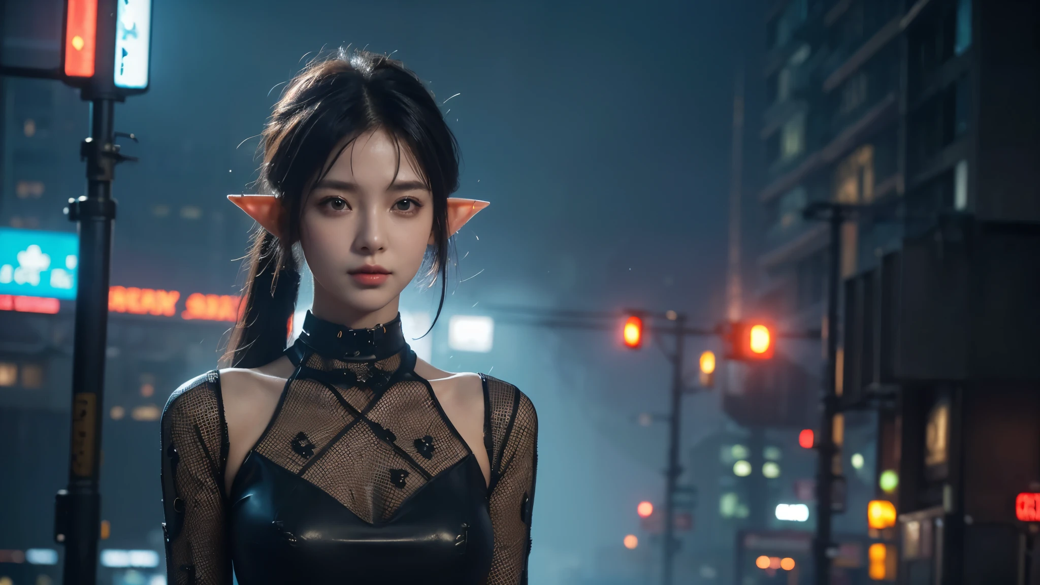 masterpiece,best quality,high resolution, 8,000,(Portrait Photos:1.5),(R Original photo),Real Photos,Digital photography,(Cyberpunk style city streets,Bustling city streets,Neon sign,After the Rain,Mist,steam),(Female elves), 20 year old girl, random hairstyle,Through Bangs,( big breasts,Keep your mouth shut,Keep silent,Elegant and charming ,Smile,(cyberpunk style dress,openwork design dress,Photo poses, Realisticstyle, oc rendering reflective texture, Upper Body Lens ,looking into the camera