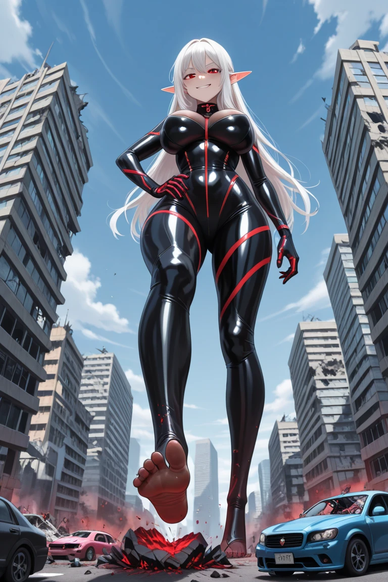 girl、silver hair、red eyes、ponytail、rubber suit、huge pussy