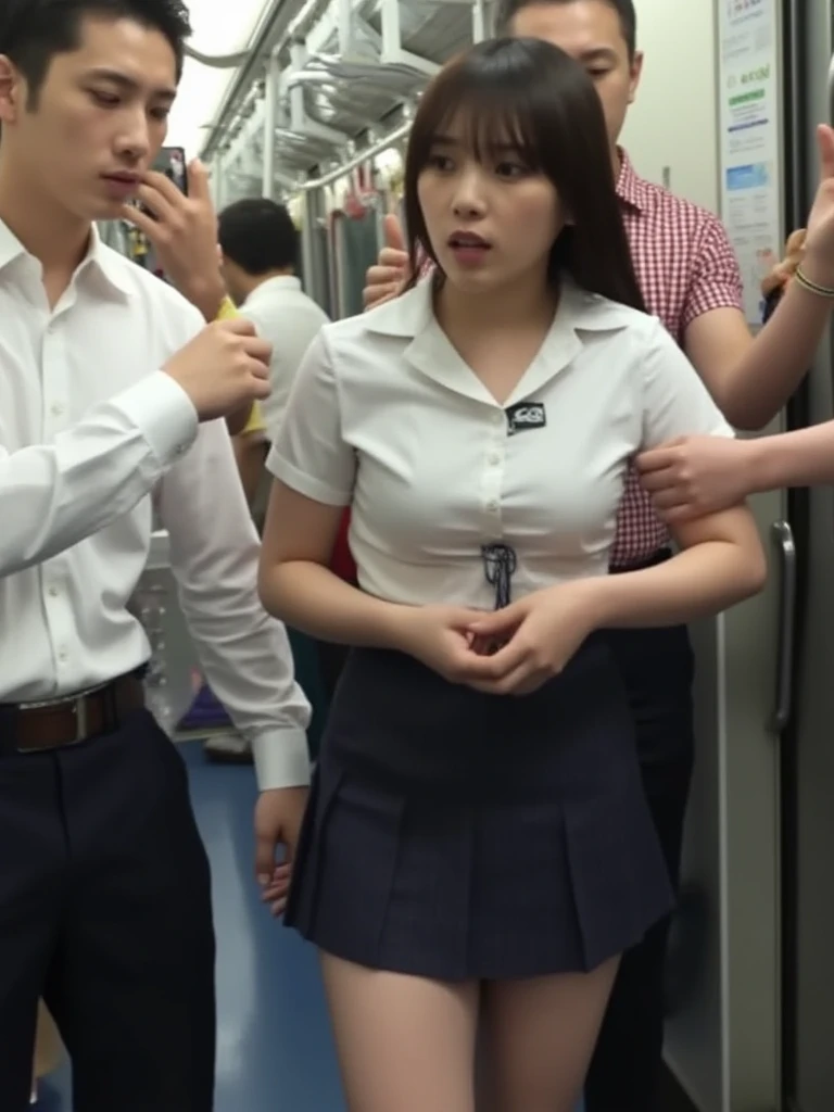 (Browsing Caution:1.3), ((masterpiece)), ((Highest quality)), (Very detailed), ((cute)), cute, (Lovely), ((sexy)), (device), ((Very detailed)), 4K, (8K), Highest quality, (beautiful), Genuineistic, Genuine, Dynamic Angle, ((1 Girl, alone, cute girl)), ((Office Lady Suits)), ((hyper cute face)), beautiful light brown hair, beautiful black eyes, ((beautiful eyes)), Big Breasts, Embarrassing, blush, ,Hold on to the railing of a train,Underarm, (Underarmを見せる:1.3),(avert your eyes:1.4), (Inside the train:1.3),(Crowded train:1.3),
Upper Body,(White shirt:1.5),
,Alternative Breast Size, Grab your chest, (boy,Grab from behind:1.5)
,(Frowning:1.2), (Embarrassing,blush:1.2),(A face stunned with despair:1.1),Sweat,(anger:1.2)