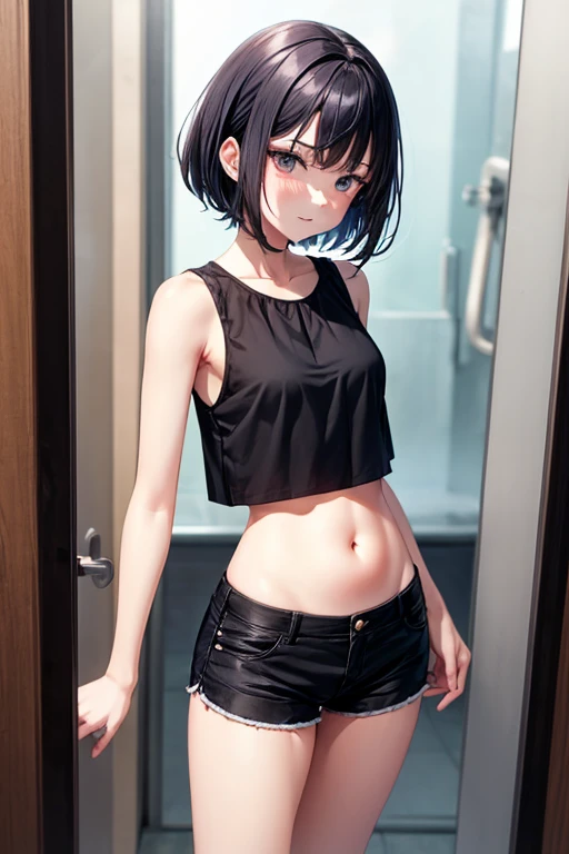 Small girl, loli girl, in bathroom, transparent towel, 12 years old, sexy girl, side camera, bare shoulders, medium breasts, six extremely detailed, HDR breasts covered with hands, full body, perfect body, medium chest, thin legs, thin waist, wide hips, big ass,, blue hair.