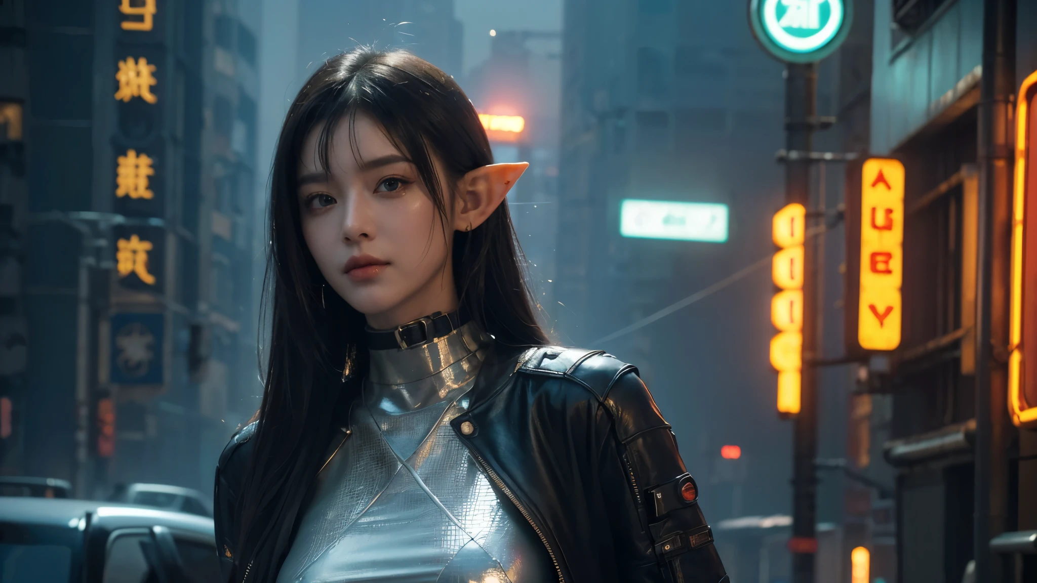 masterpiece,best quality,high resolution, 8,000,(Portrait Photos:1.5),(R Original photo),Real Photos,Digital photography,(Cyberpunk style city streets,Bustling city streets,Neon sign,After the Rain,Mist,steam),(Female elves), 20 year old girl, random hairstyle,Through Bangs,( big breasts,Keep your mouth shut,Keep silent,Elegant and charming ,Smile,(cyberpunk style dress,Photo poses, Realisticstyle, oc rendering reflective texture, Upper Body Lens ,looking into the camera