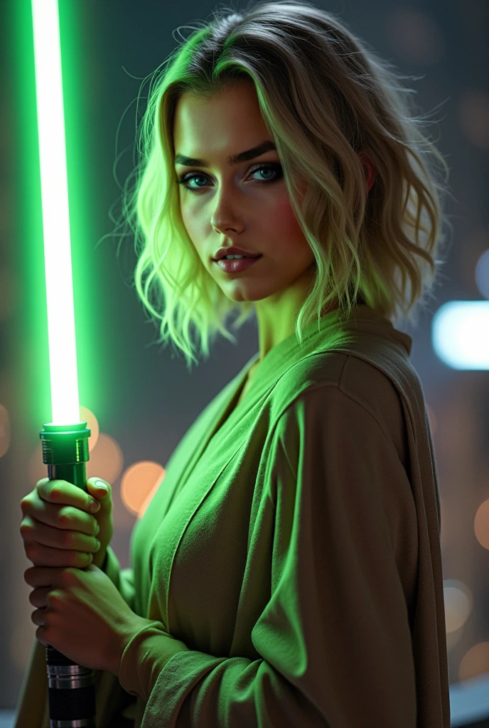 Woman is shown with a model figure. He has grayish-blond hair, short hair and large bright green eyes, wielding a sword imbued with radiant green light, emanating a powerful magic of light. The scene takes place in a dark and mysterious city, illuminated by the gleam of the sword. The composition is expertly prepared, with impressive attention to detail and cinematic lighting. The overall aesthetic is reminiscent of Fujifilm photography, capturing the beauty and depth of the scene.," compressed neckline, exposed neckline, large breasts, superior quality, lots of detail, Puri Focus Sharp and realistic, Highly Detailed Face, Beautiful Detailed Eyes, tattoos, Beautiful Detailed Lips, Ultra Detailed Big Breasts, Extremely Shaped Breasts, Extreme Detail Description, Vivid and Intense Colors, Vibrant Colors, Bright Magical Aura, Ethereal Lighting
