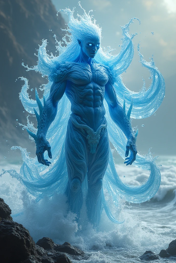 Make a male water creature, its body should be made of pure water with hair of water, on top of a mountain of pure water