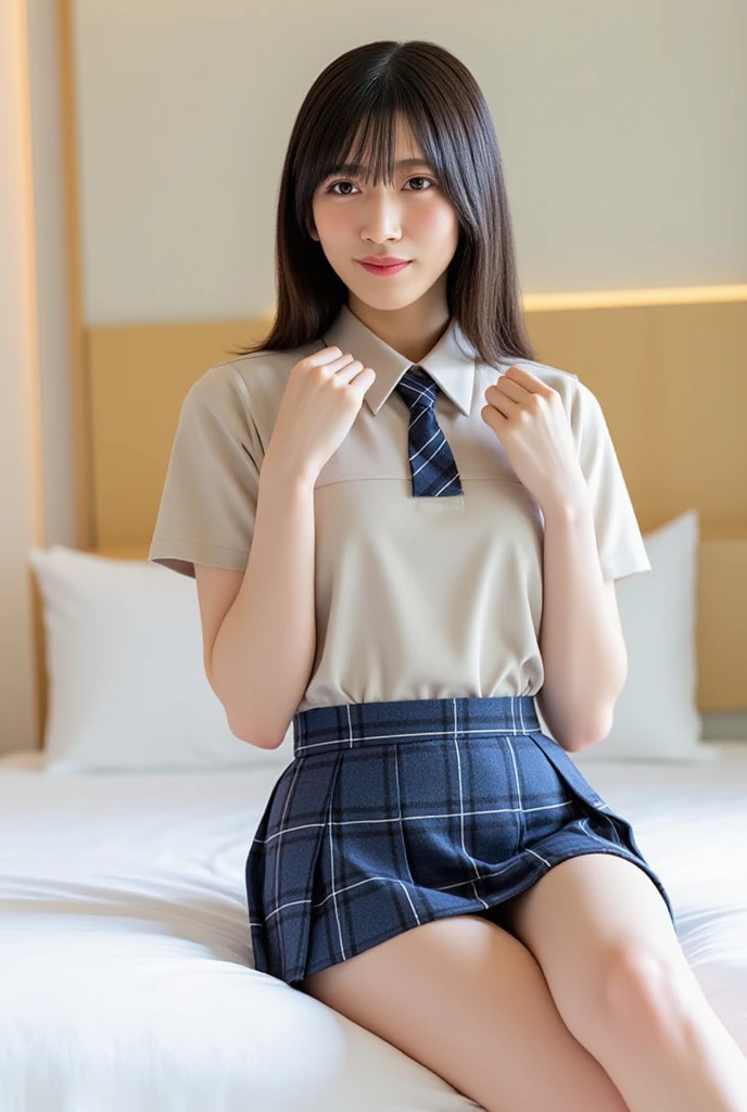 (masterpiece:1.2), Japanese, (), (a girl),  room, ((school uniform)), thighs, bedroom, hair bun, 