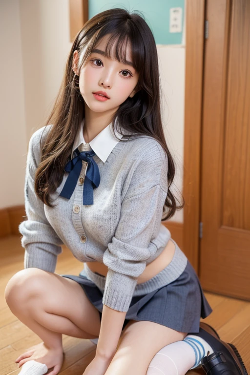(((8K、High resolution、Highest quality、High resolution)))alone、Natural body shape、White skin、Natural Makeup、((Black Hair、bangs、Straight Long Hair))、((()))、、(:1.4)、(())、(((((Full body photo)))))、(((Looking into the camera)))、(((Wear a uniform on the upper body)))、Bedroom、(((Of high school))) 、((white collared long sleeve blouse))、((Beige cardigan))、((Pleated skirt with dark blue plaid pattern、mini skirt、Ultra-realistic pantyhose))、、、Expressionless、((Exposing thighs))