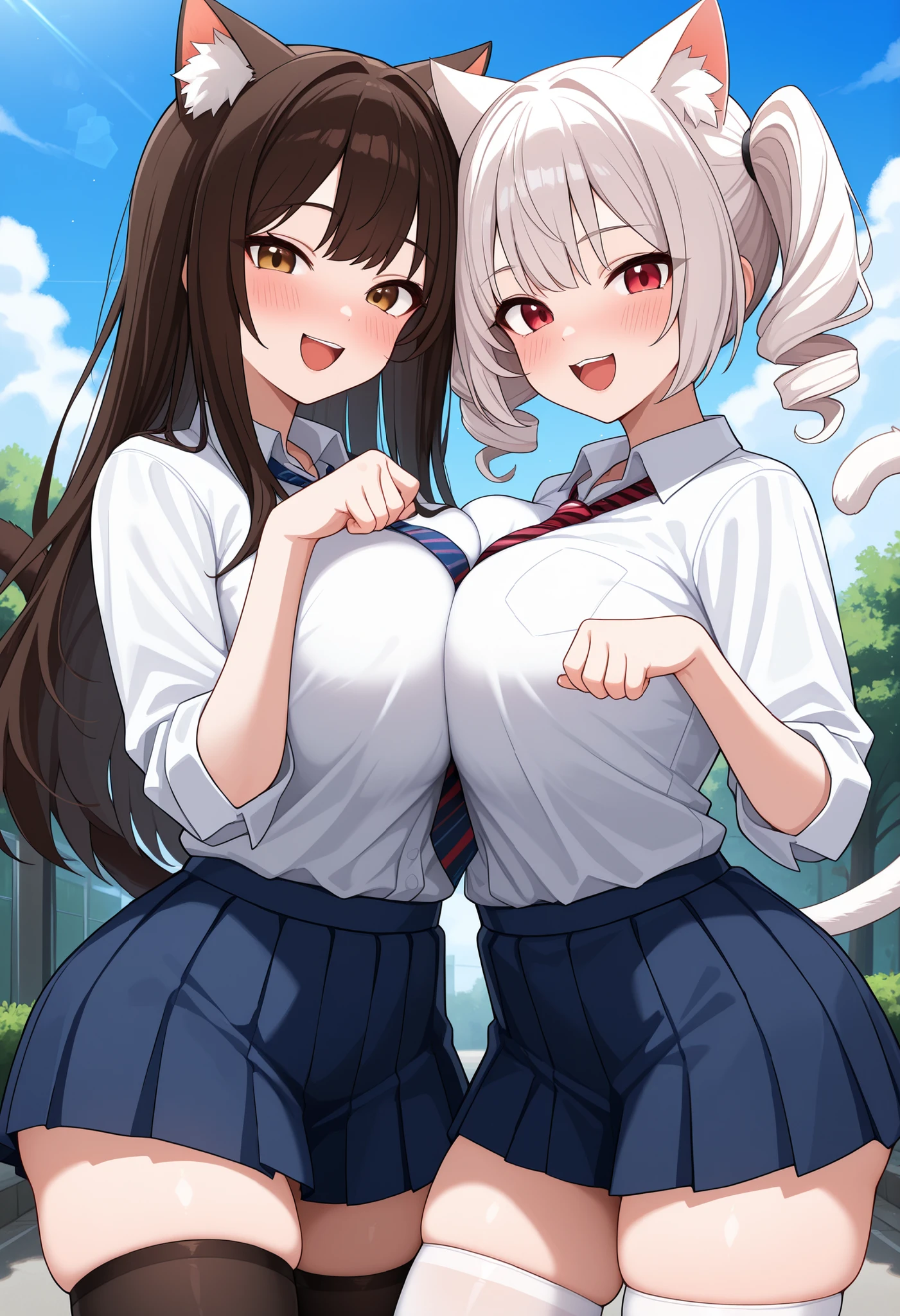 (cute eyes:1.2), (sparkling eyes:1.2), (8K、Best image quality、highest quality、masterpiece)、Detailed face (1 girls)、Improve、(white hair, pink eyes, short hair, straight hair, nekomimi), (open mouth), (embarrassed), (skinny body:1.3),(huge breasts), (inverted nipples:1.5), Sit on a chair, Classroom Background,(close-up shot of bust), (from above:1.2)