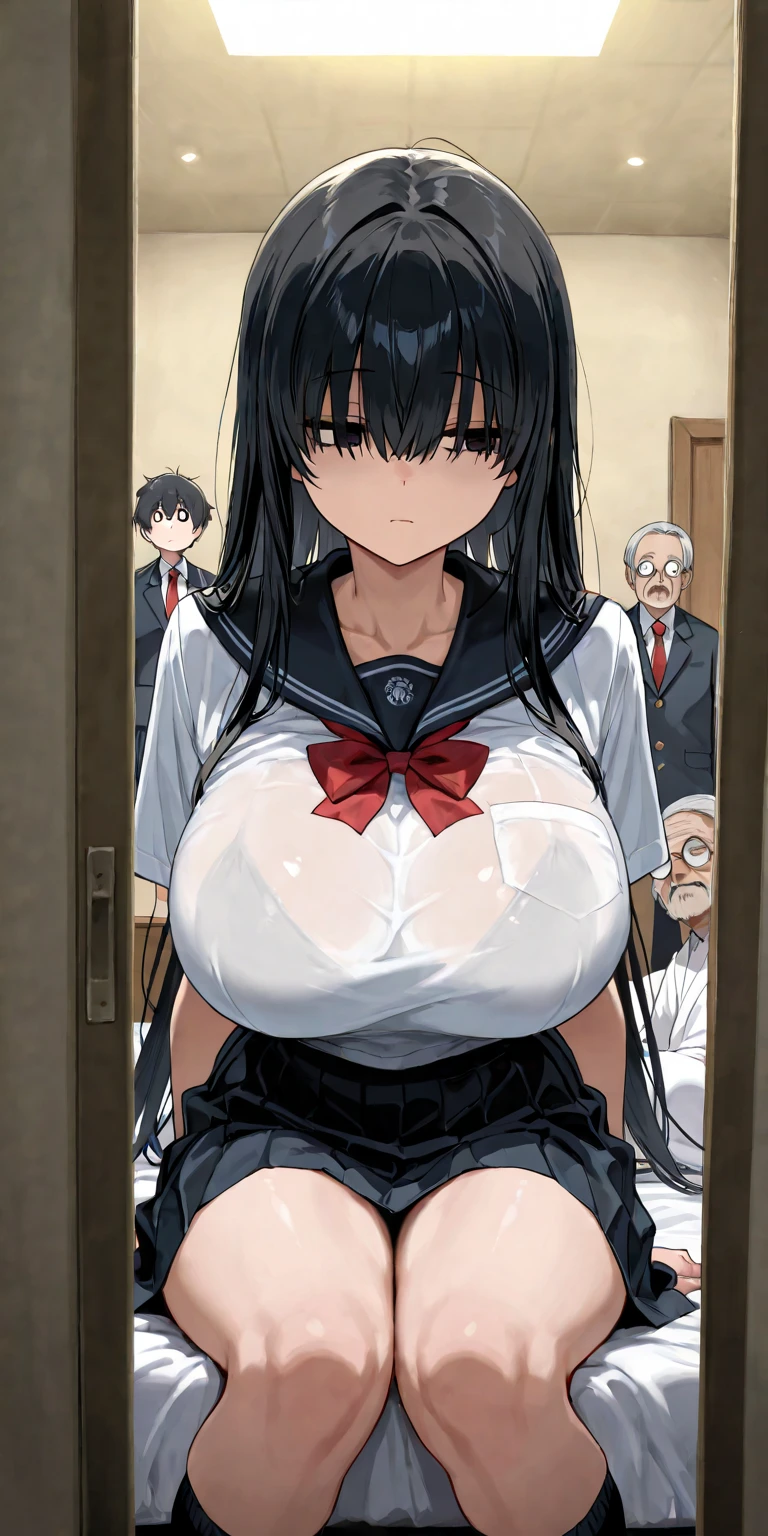 NSFW、Tabletop, 最high quality, high quality , ((Having sex with multiple men))、bursting breasts、(Chest rub 1.3)、((Grab her breastassage the breasts))、(Animated Screen Capture)、((Black garter stockings))、(Do not wear shoes) Big Tits、Black Hair, Twin tails, black bikini, Black knee socks、coat, open coat, bangs, Yellow Eyes, Hair between the eyes, Breathless face、Sweaty、Creampie、Expression of the state of excitement
