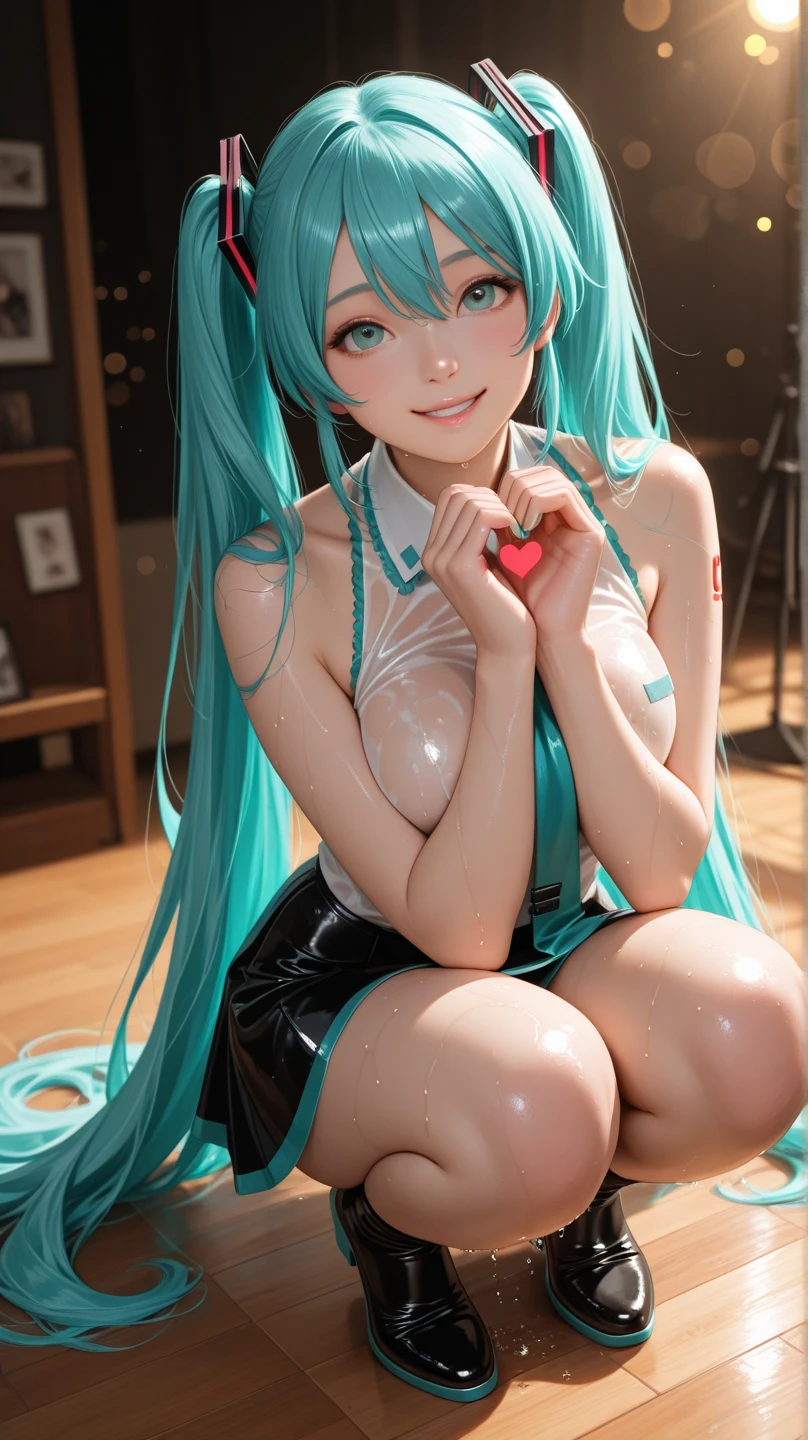 Image of Arapei of a woman with long green hair and a white blouse, Portrait of Hatsune Miku, Os amigos, Hatsune Miku, hatsune miku portrait, mikudayo, Hatsune Miku cosplay, a happy meal toy of hatsune miku, Anime figur, Hatsune Miku short hair, seductive anime girls, hatsune miku face, Anime figure, Also