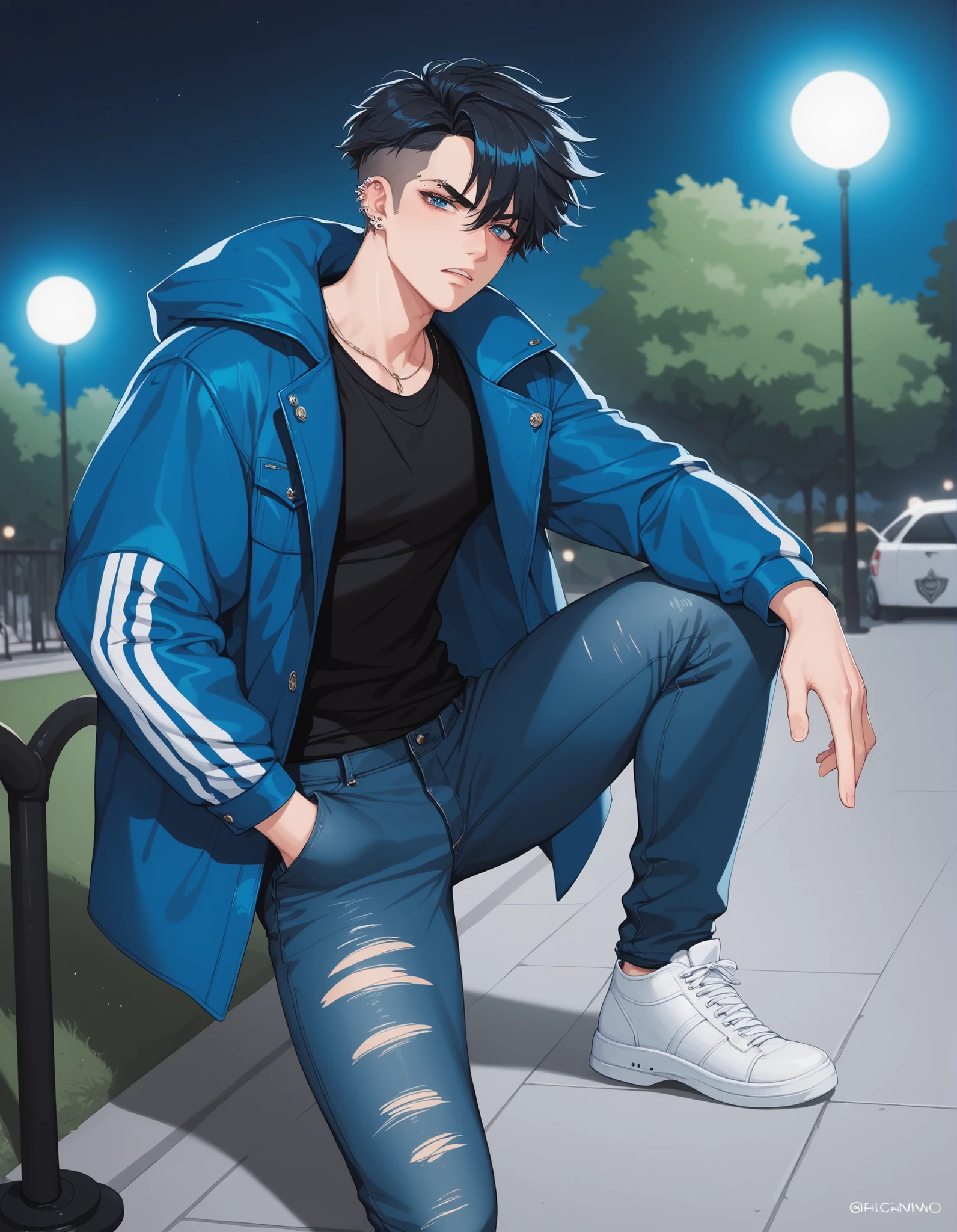 um jovem . Tousled and short hair, black with blue reflections, olhos cinza, pele clara. He has a long fringe of hair that covers part of his eyes, has several piercings in her ears, eyebrow piercings. He wears a long shirt, wide and black and simple, a pastel blue coat, ripped black jeans , white sneakers. He has a thin body and a muscular structure. She is at a park at night, with one hand in her coat pocket. disinterested look