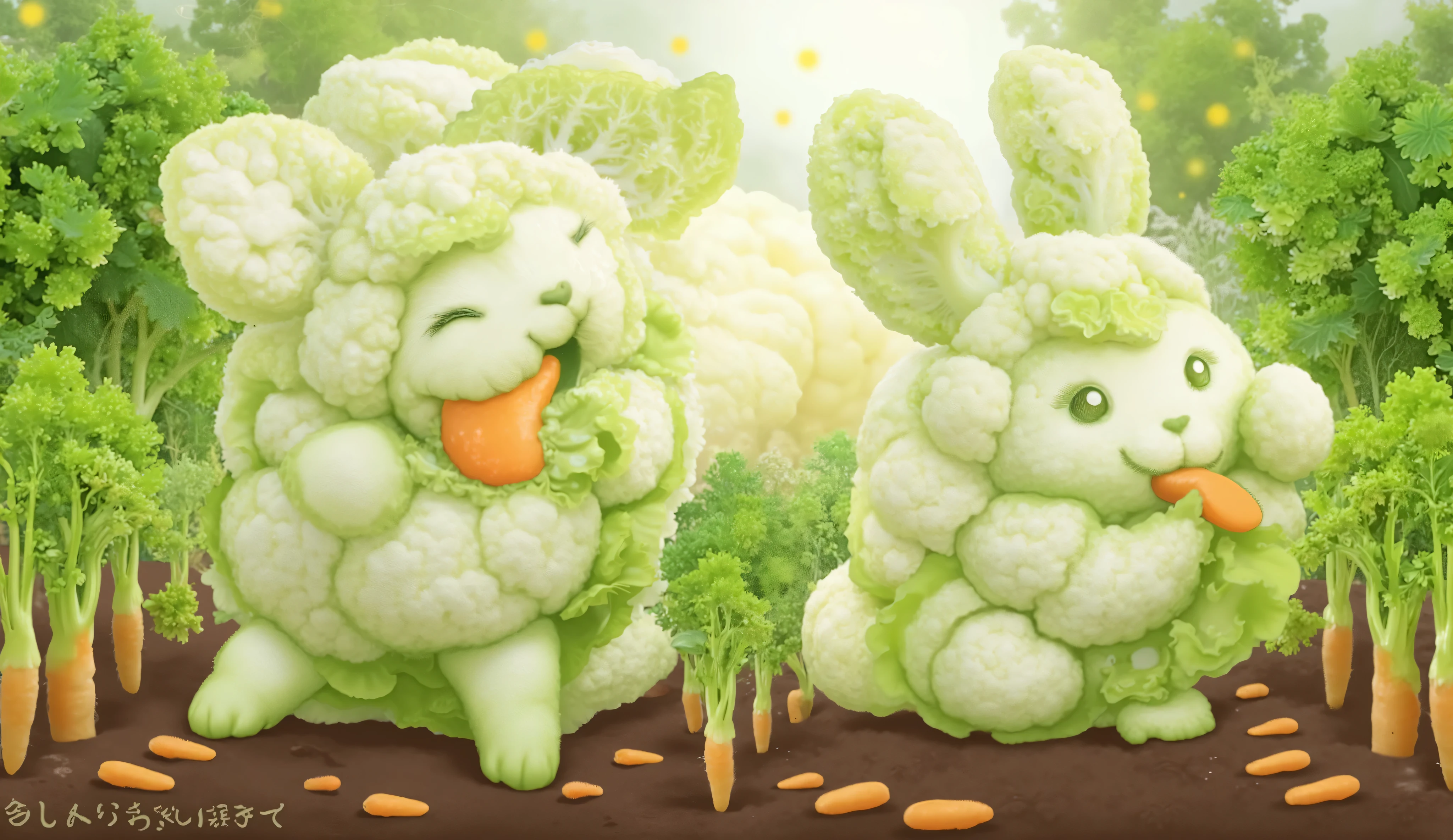 Cauliflower bunnies, Vegetable garden background with carrot harvest,  luz suave