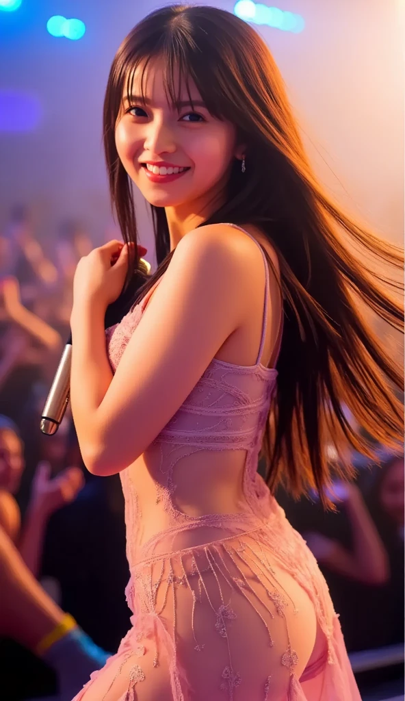 masterpiece、最high quality、high quality、high quality、premium quality、wonderful品質、Exceptional quality、excellent quality、Luxurious quality、excellent quality、best image quality、8K、super resolution、最High resolution、High resolution、最high quality、Rich shades、shining quality、crystal clear、realistic images、perfect details、Image without defects、clear image、wonderful表示、bright colors、deep contrast、high fidelity、amazing clarity、optimal performance、realistic、wonderful、perfect image、Close to reality、Realistic human body in every detail、Realistic skin in every detail、Realistic face in every detail、Realistic eyes down to the details、Realistic lips in every detail、Realistic teeth in every detail、Realistic ears down to the last detail、Realistic hair down to the last detail、Realistic arms down to the last detail、Realistic reproduction of every detail、Realistic fingers in every detail、(fine hands、thumb1reference4)、Realistic feet in every detail、pretty girl、beautiful girl、attractive girl、attractive young woman、wonderfulティーンエイジャー、adorable girl、Shining Girl、innocent girl、sweet girl、beautiful adolescent girl、cute young woman、 the girl who captures your heart、dazzling girl、elegant girl、((japanese model))、((18-year-old))、(black hair)、(random hairstyle)、((whole body))、((Beautiful upward facing breasts))、(slim style、slender style)、(whole body光沢肌、Fair skin)、Detailed and realistic human body、detailed realistic skin、detailed realistic face、detailed realistic arms、detailed realistic fingers、Detailed realistic feet、(professional lighting)、((big stage venue))、((large concert venue))、(on stage)、((Idol))、((singer))、((Rainbow-colored transparent see-through(stage costume with frills))、(((on stage(microphone1have、Sing enthusiastically)))、(whole body映像)、(Lots of galleries、large audience)、random close-up