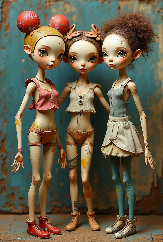 Norman Rockwell style illustration of three flirting , smiling, pretty, nubile, thin, freckled girls with 50s style light hair, pig tails, wearing pastel colored bondage harness , open sweater, white collar, bare chest, puffy nipples , pink nipples , erect nipples , glitter on chest, small breasts, topless, plaid tights, white collar, black spiked belt, choker necklace, spiked bracelet, translucent giant mushrooms, mushroom tops squirting translucent slime, silver art deco design background