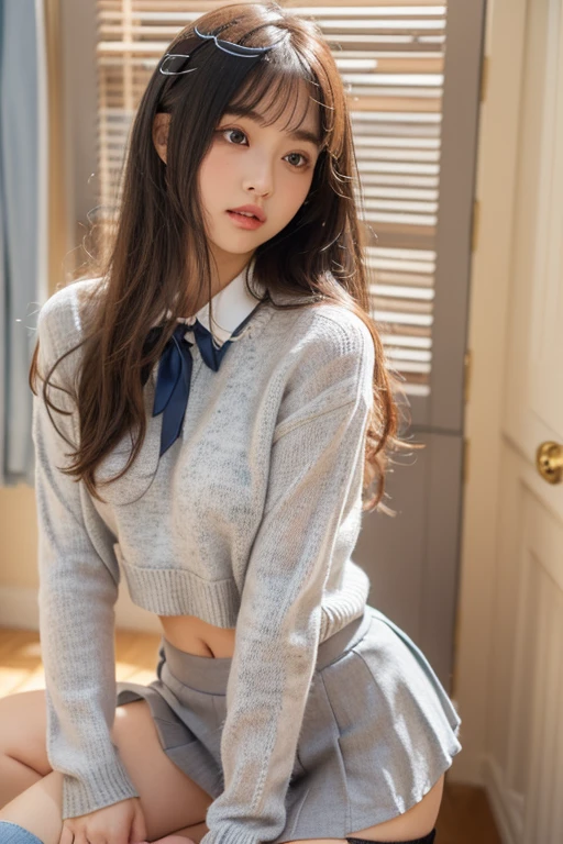 absurdres, RAW photo, extremely delicate and beautiful, masterpiece, Best Quality, ultra high resolution, 32k, hyperrealistic, ultra-detailed, super Detailed skin, 20 years old, very small head, very small face, tearful mole, earring, very huge round breasts, legs, medium hair, full body shot, indoor, school_uniform,
