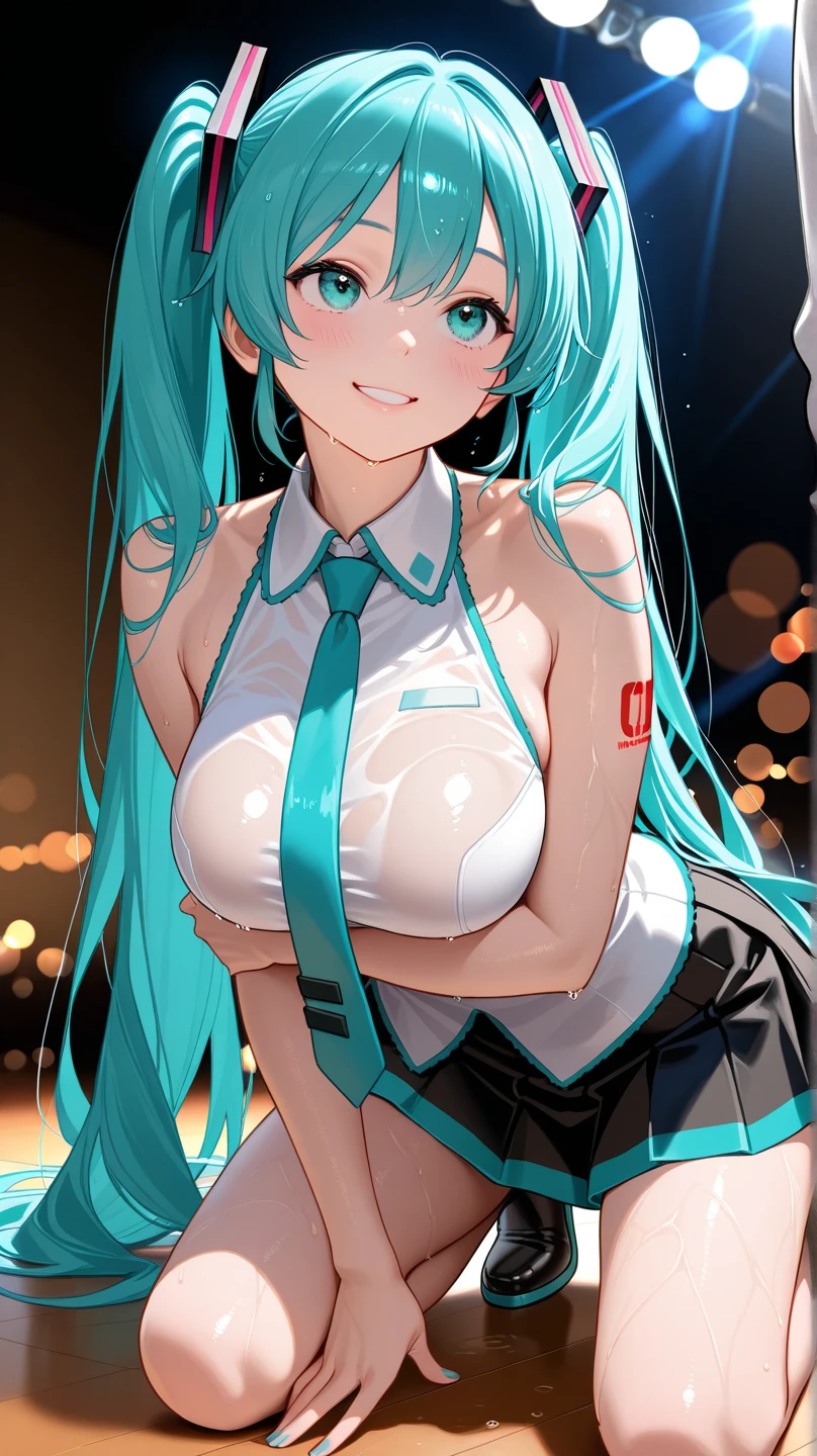 (Masterpiece,Super Detail,in 8K,best composition,rim lighting,photorealsitic,dynamic shot:1.5),view from below,solo,(Hatsune Miku,light blue twin tail:1.3),one eye closed,eye wink,beautiful detailed eye,looking at the camera,mischievous smile,shape of kissing lips,detailed shiny skin,big tits,(sitting on school desk,Spread legs apart,Place index finger vertically on lips,the other hand on tits:1.5),Blouse with exposed cleavage,gray and black check pattern skirt,cute bangles,dazzling sunset,Backlit,in school classroom,particles of light,secretly show