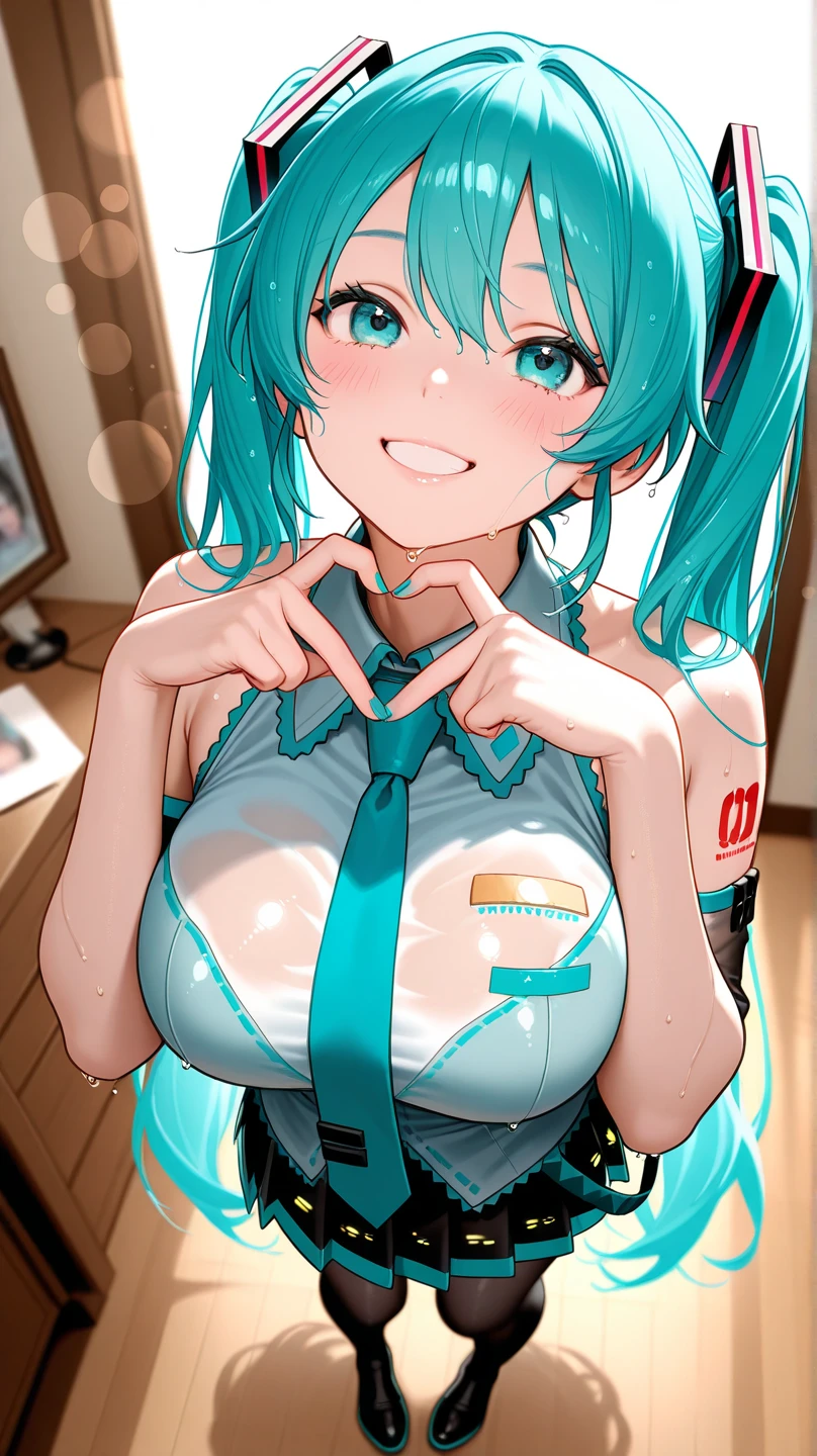 (masterpiece), (highest quality), (illustration), (super detailed), (high resolution), absurdity, 1girl, hatsune miku, vocaloid,seductive smile,blush,pajamas,night,bedroom,yokozuwari,looking at viewer,bimbo,cleavage,hair ribbons,star necklace,cowboy shot,taking a selfie