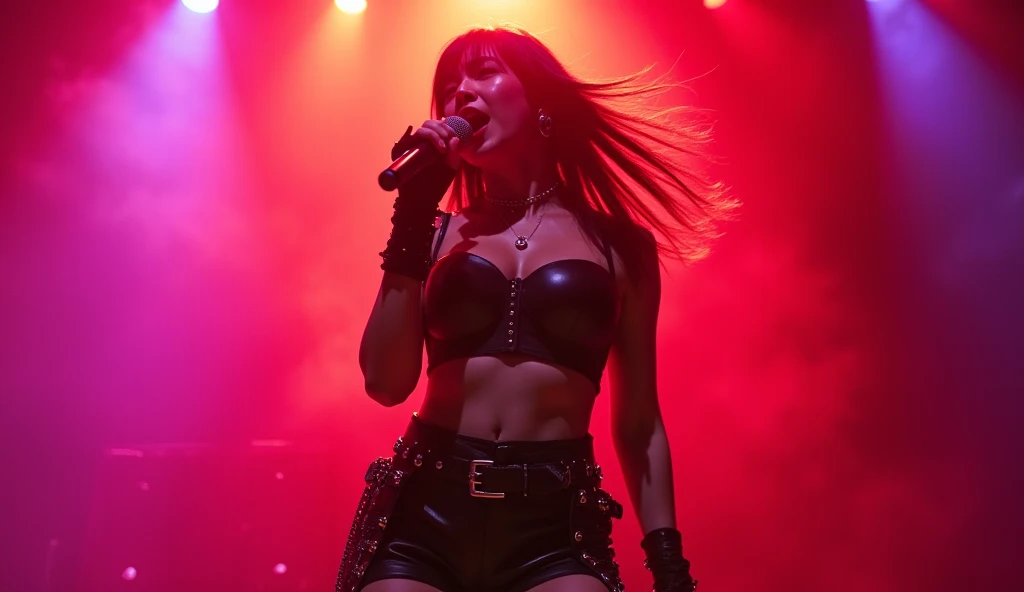 A girl performing in a heavy metal band, live performance, women vocal, provocative outfit, vivid colors, concert venue, energetic atmosphere, dynamic lighting, screaming crowd, headbanging, revealing clothing, guitar shredding, wild stage presence, leather attire, intense facial expressions, fire effects, electrifying ambiance, stage smoke, powerful vocals, stage diving, sweat-drenched performance, adrenaline rush, epic guitar solos, mosh pit, thrashing music, synchronized headbanging, stage pyrotechnics, fierce makeup, roaring sound system, energetic drummer, crowd surfing, raised devil horns, explosive energy, stage monitors, electric guitar riffs, passionate performance, mesmerizing stage presence, distorted guitar distortion, heavy bass lines.