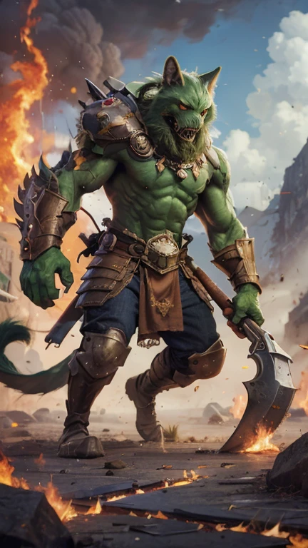 a furry eastern dragon, long whisker, green fur, bare chest, big chest, big build, warrior waist armor, sandal, ((eastern dragon), ((green dragon)), ((waist armor)), furry art, full body, mature, tall, daddy, muscular, rounded face, ((no coat)), ((berserker)), scar body, (scar), bare body, many scars on body, scar face, long beard, very muscular, beefy body, (((bare chest))), (((large pecs))), (((hold a long and big axe))), action pose