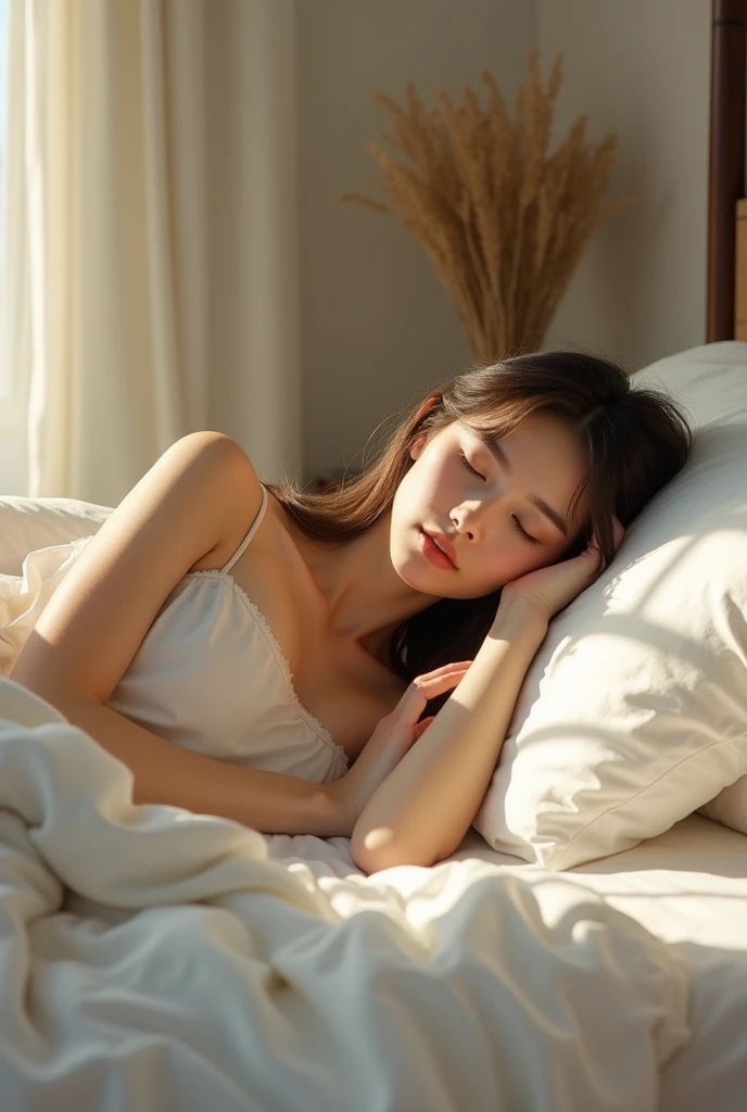 a beautiful girl who is sleeping peacefully after a tiring day. sleeping like a ethereal woman