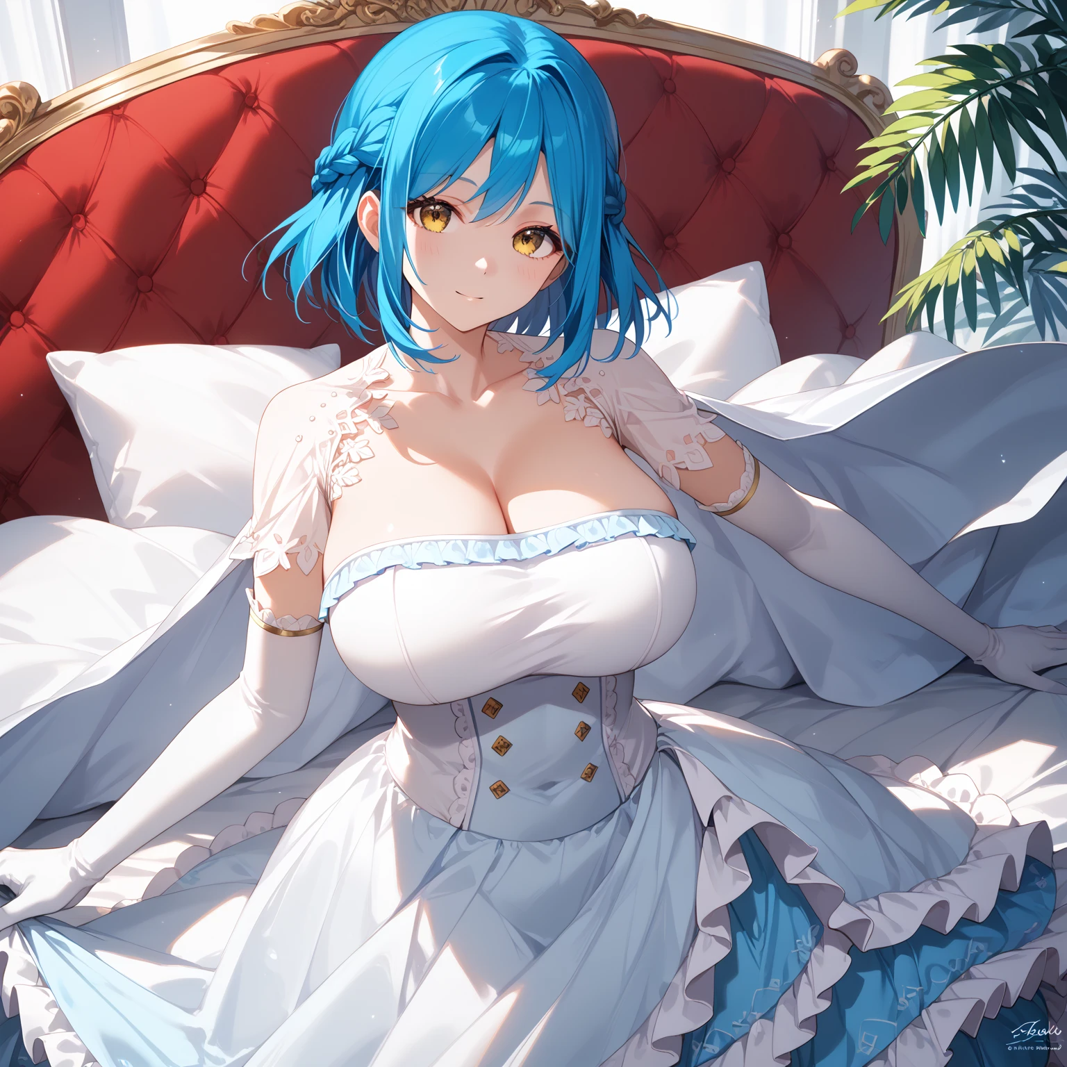 NSFW,((1man with 1woman,Having sex)),Woman on top,from behind,One ,Luxurious ornaments,noble,Princess,Tiara on the head,((bared chest)),(short light blue hair) ,(Blue and green eyes),(Heterochromia),Revealing clothes, Lori,Poor chest,Curvaceous,High resolution,Best Quality