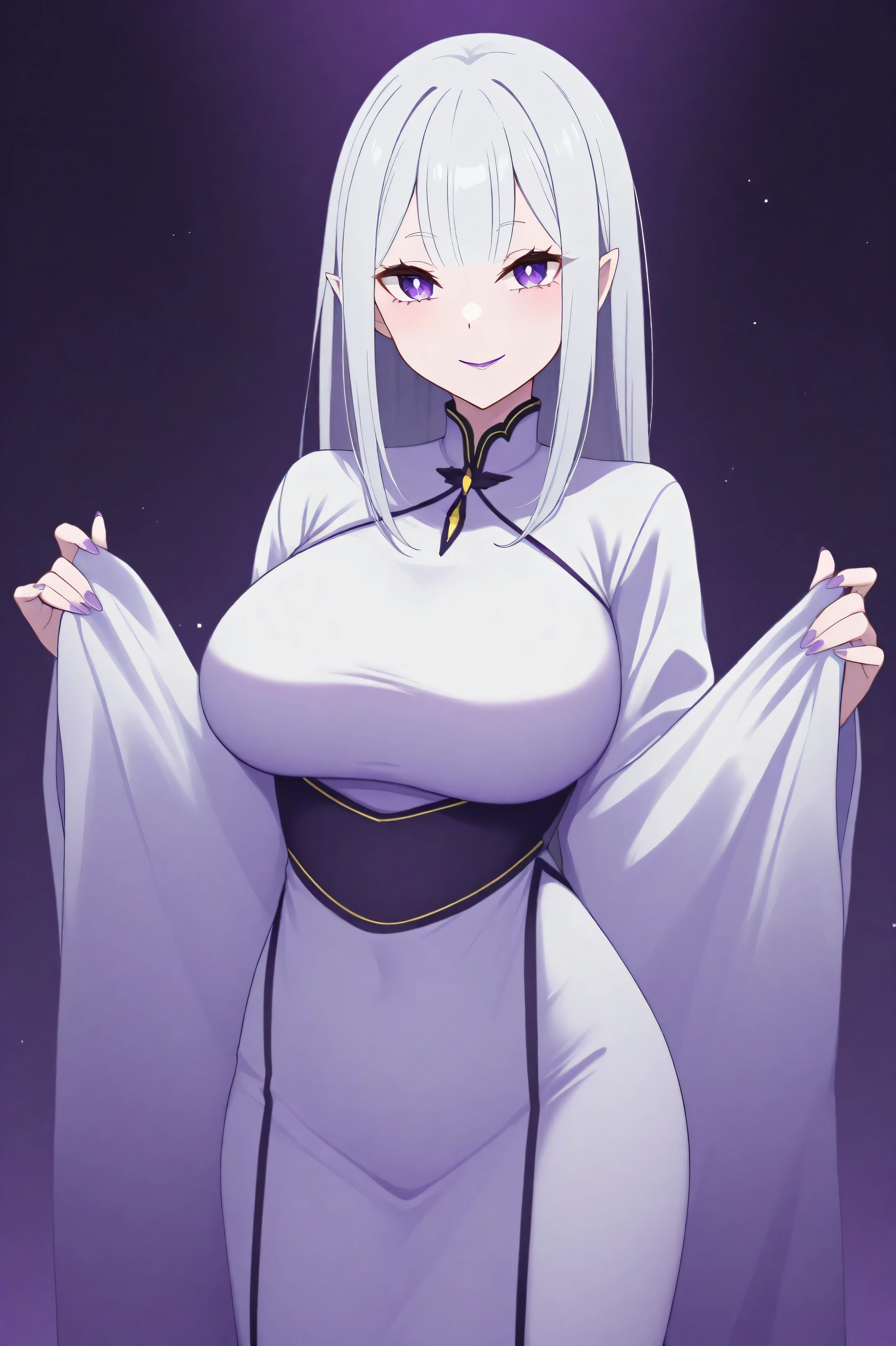 (Score_9, score_7:0.6), (masterpiece, best quality, good quality, newest:0.6),Re:Zero, Satella, brooch, Anime, 1girl, pointy ears, silver hair, smiles, purple lips, purple eyes, all body,Vietnamese Ao dai, Big breasts,